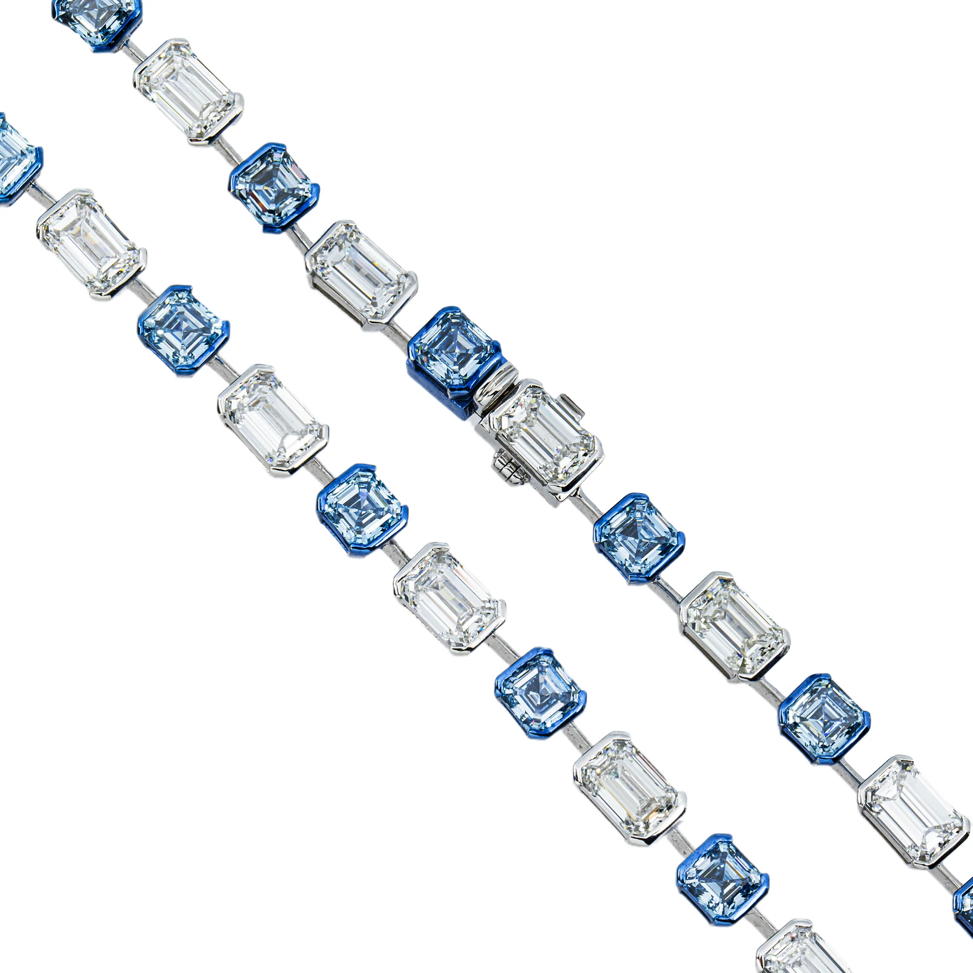 14K Two Tone Multi Cut Fancy Blue & White Diamond Satellite Necklace 69.42ct - Image 4