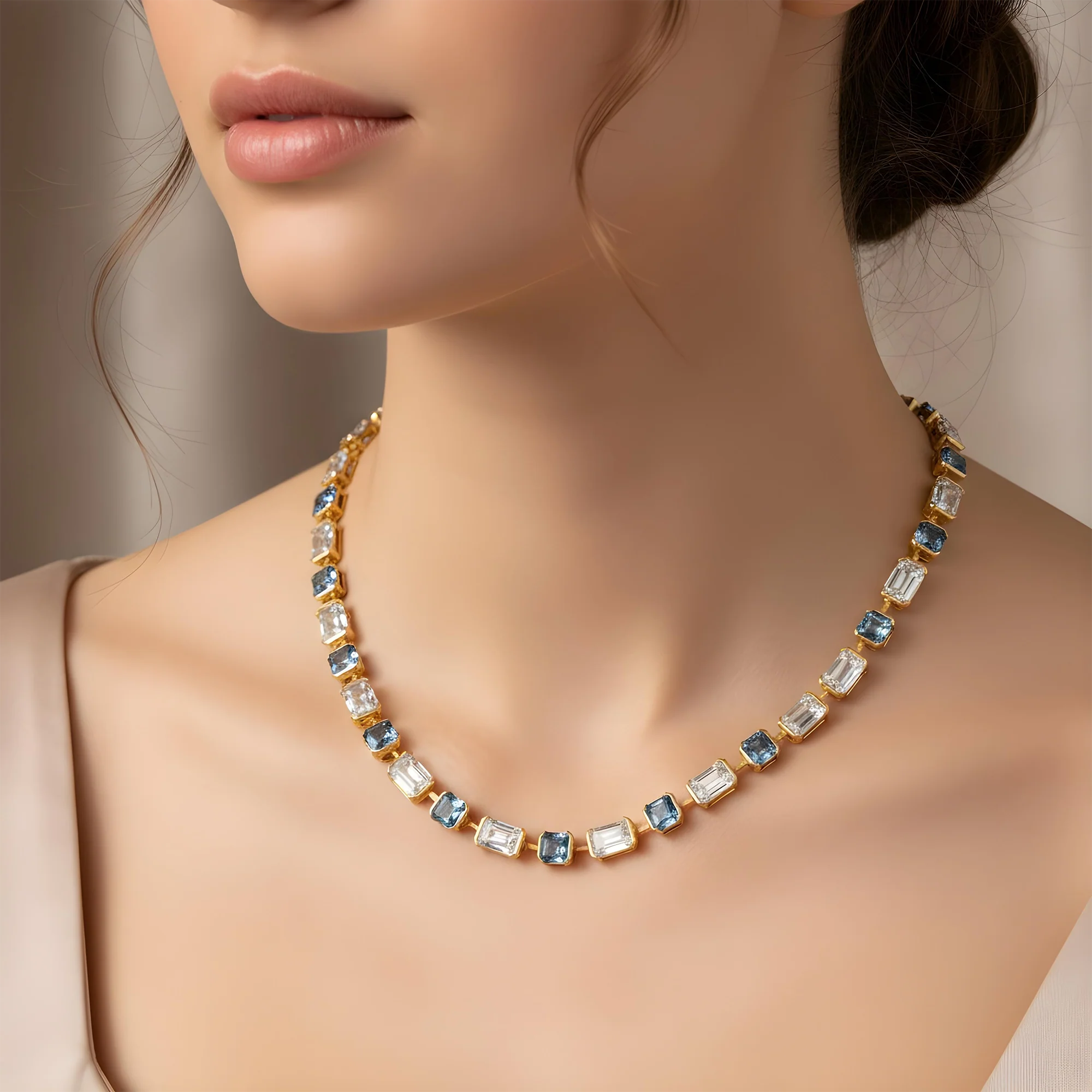 14K Two Tone Multi Cut Fancy Blue & White Diamond Satellite Necklace 69.42ct - Image 6