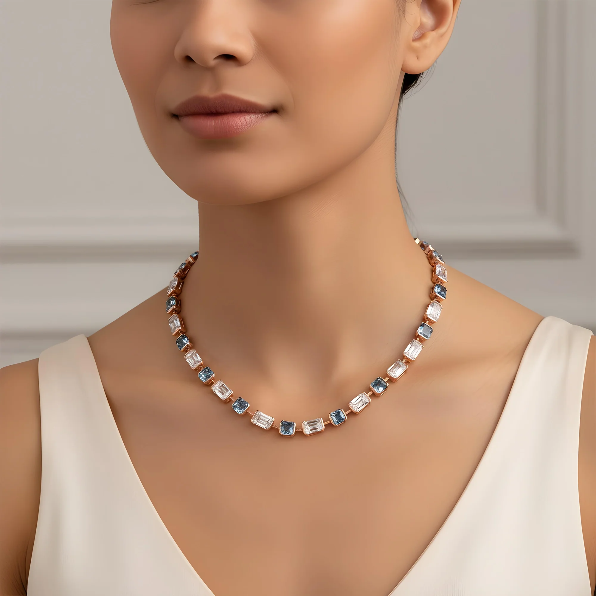 14K Two Tone Multi Cut Fancy Blue & White Diamond Satellite Necklace 69.42ct - Image 8