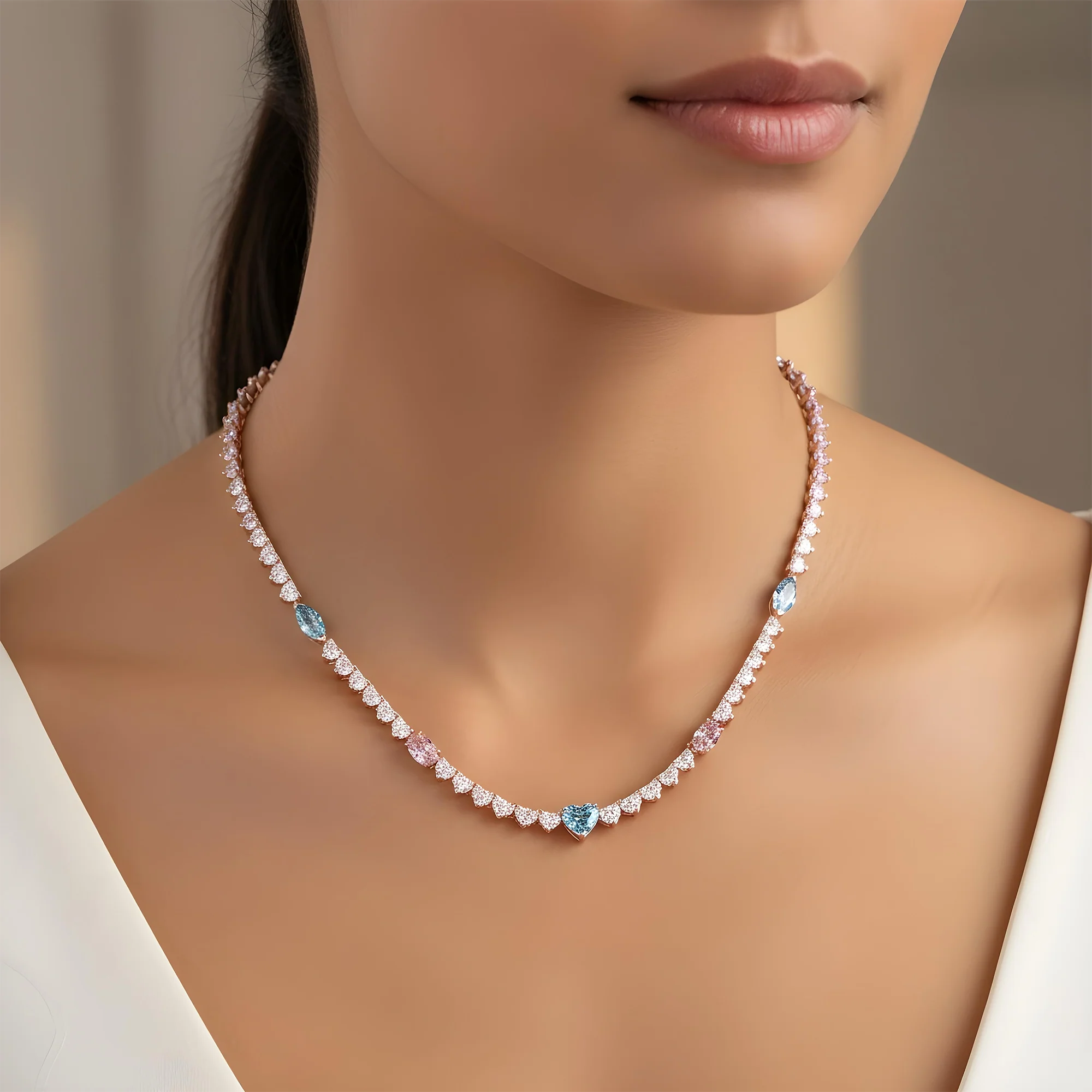 14K White Gold Multi Cut Fancy Pink & Blue Diamond Tennis Chain 28.40ct - Image 8