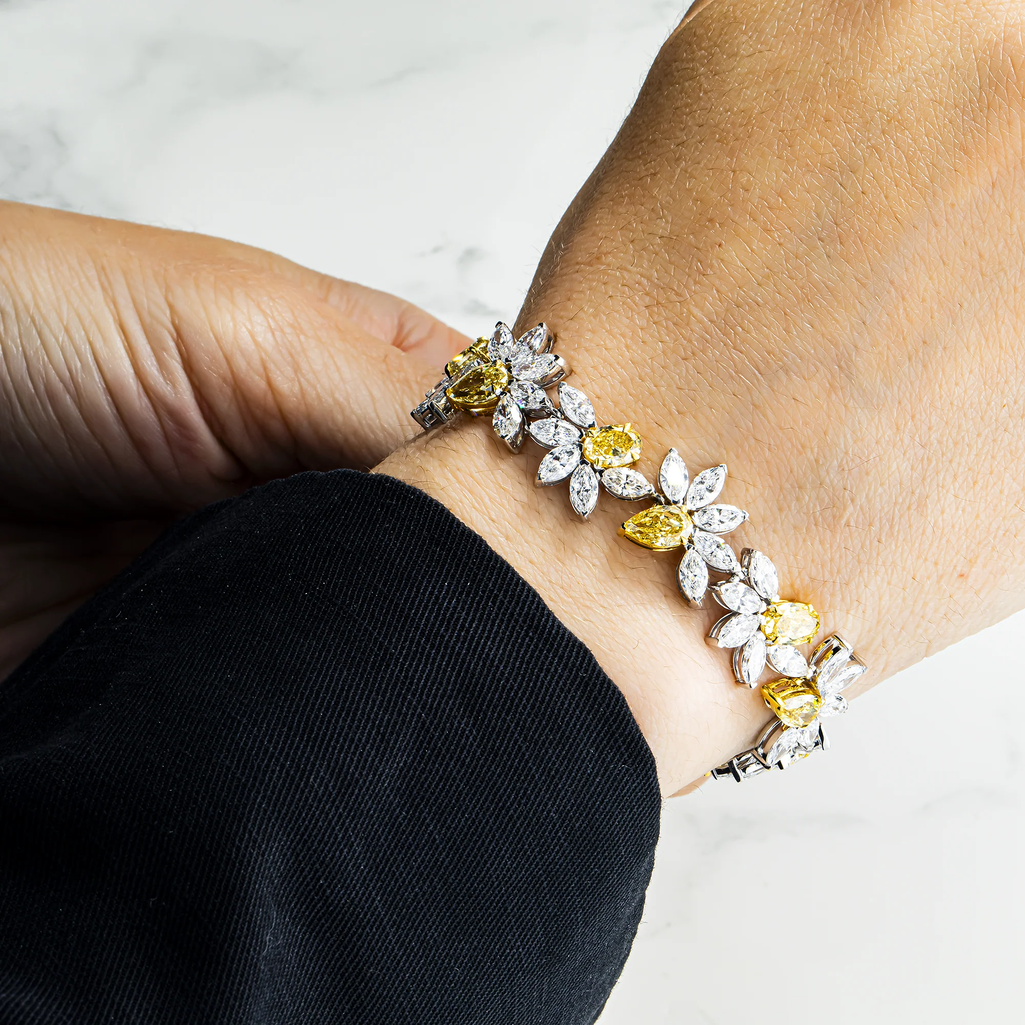 14K Two Tone Multi Cut Fancy Yellow & White Diamond Rose Bud Bracelet 26.54ct - Image 2