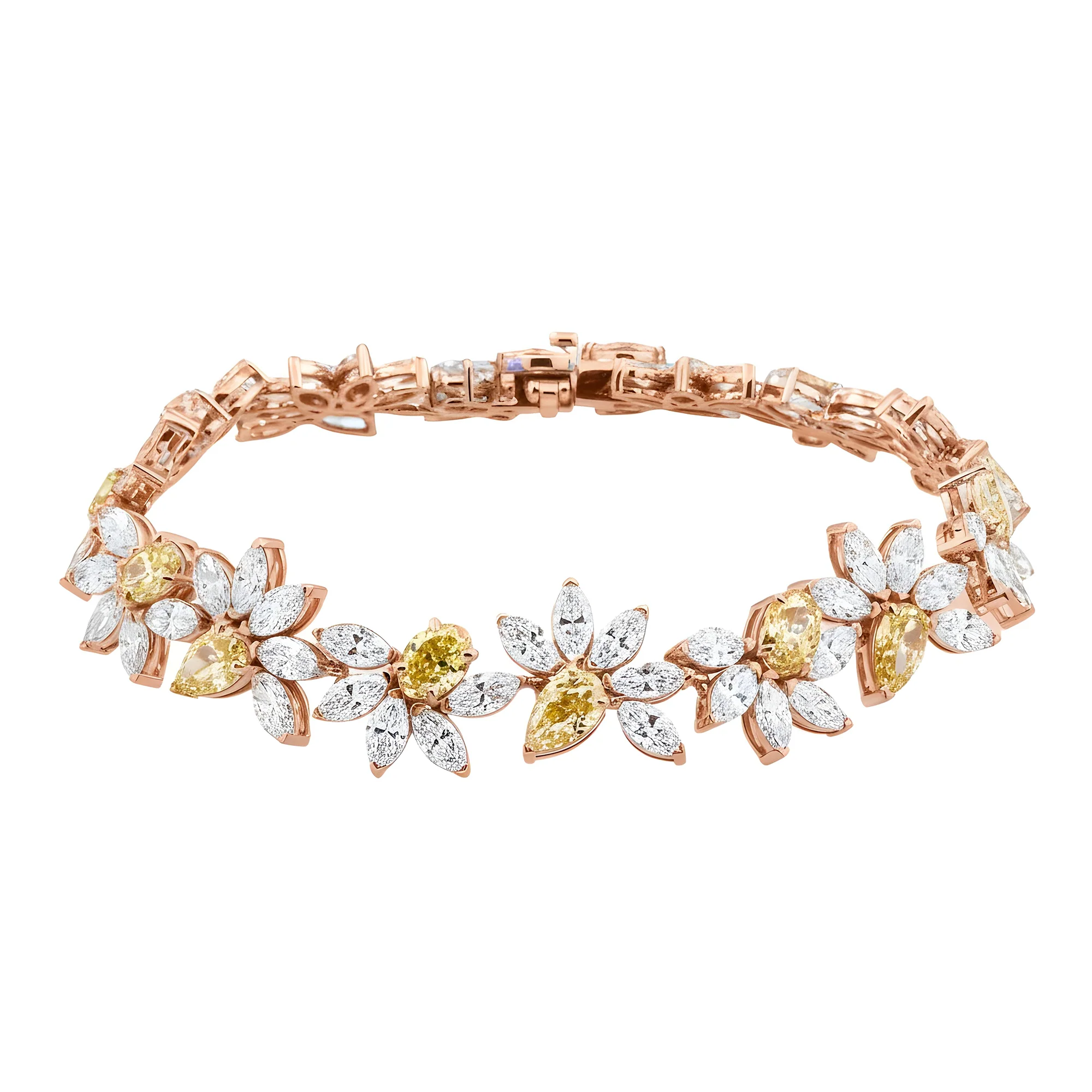 14K Two Tone Multi Cut Fancy Yellow & White Diamond Rose Bud Bracelet 26.54ct - Image 7