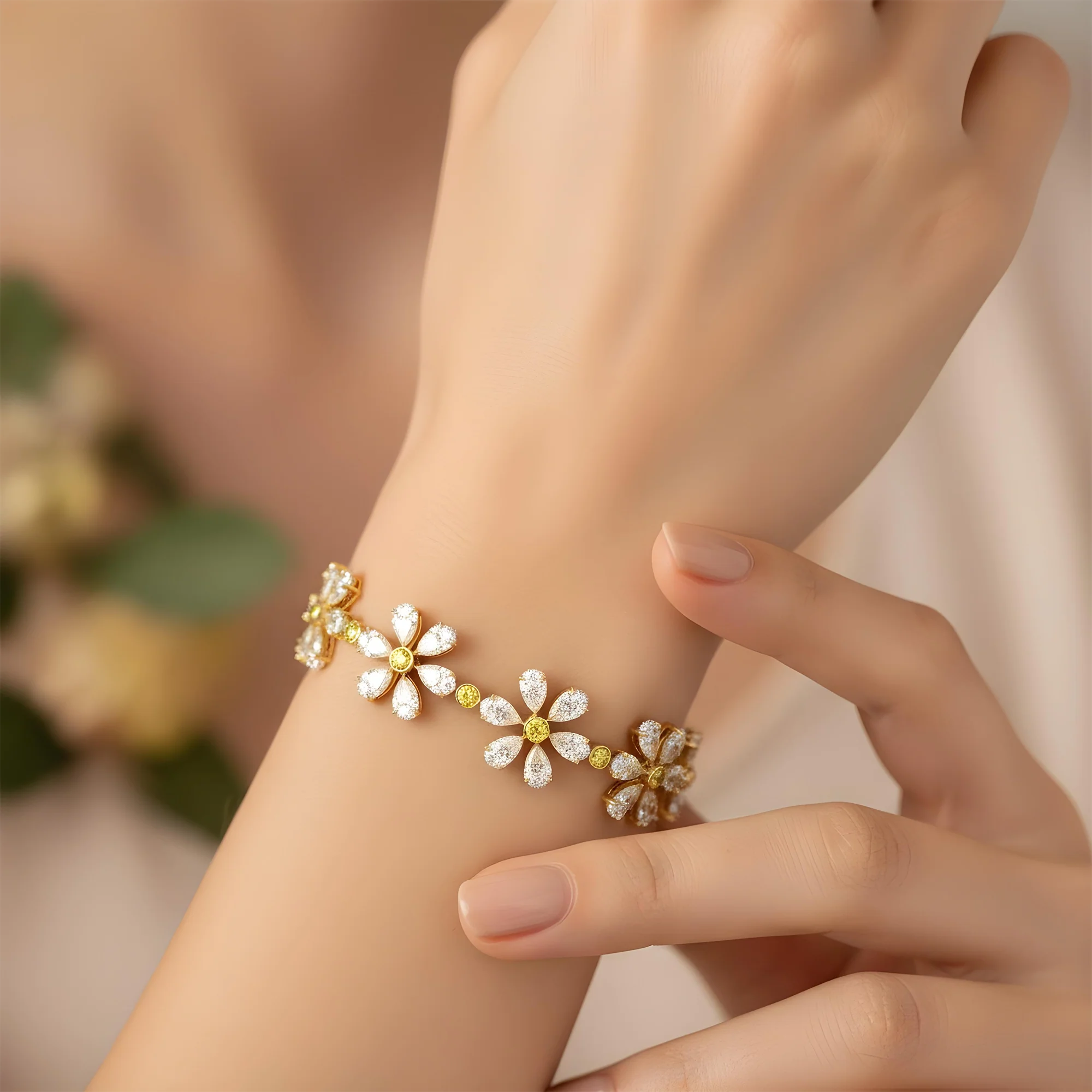 14K Two Tone Multi Cut Fancy Yellow & White Diamond Flower Bracelet 16.52ct - Image 5