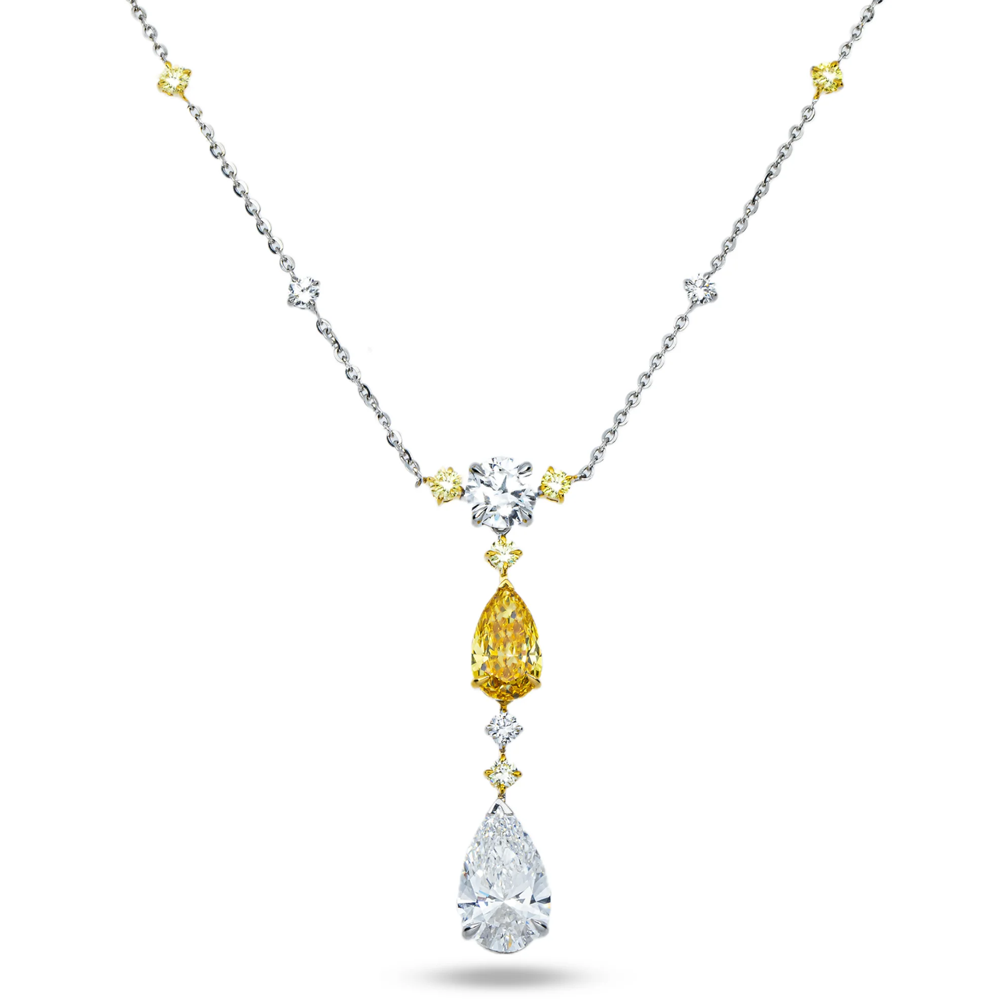 14K Two Tone Multi Cut Fancy Yellow & White Diamond Satellite Drop Necklace 7.05ct