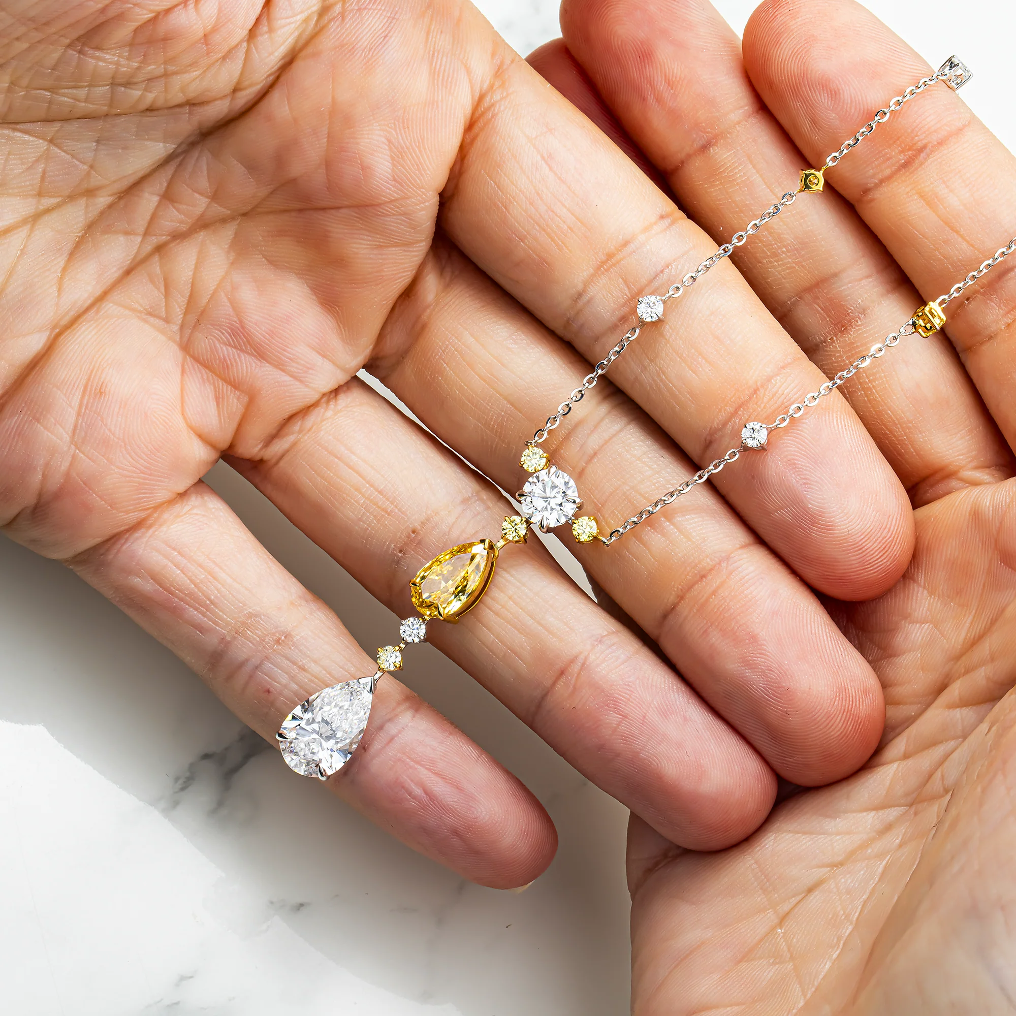 14K Two Tone Multi Cut Fancy Yellow & White Diamond Satellite Drop Necklace 7.05ct - Image 2
