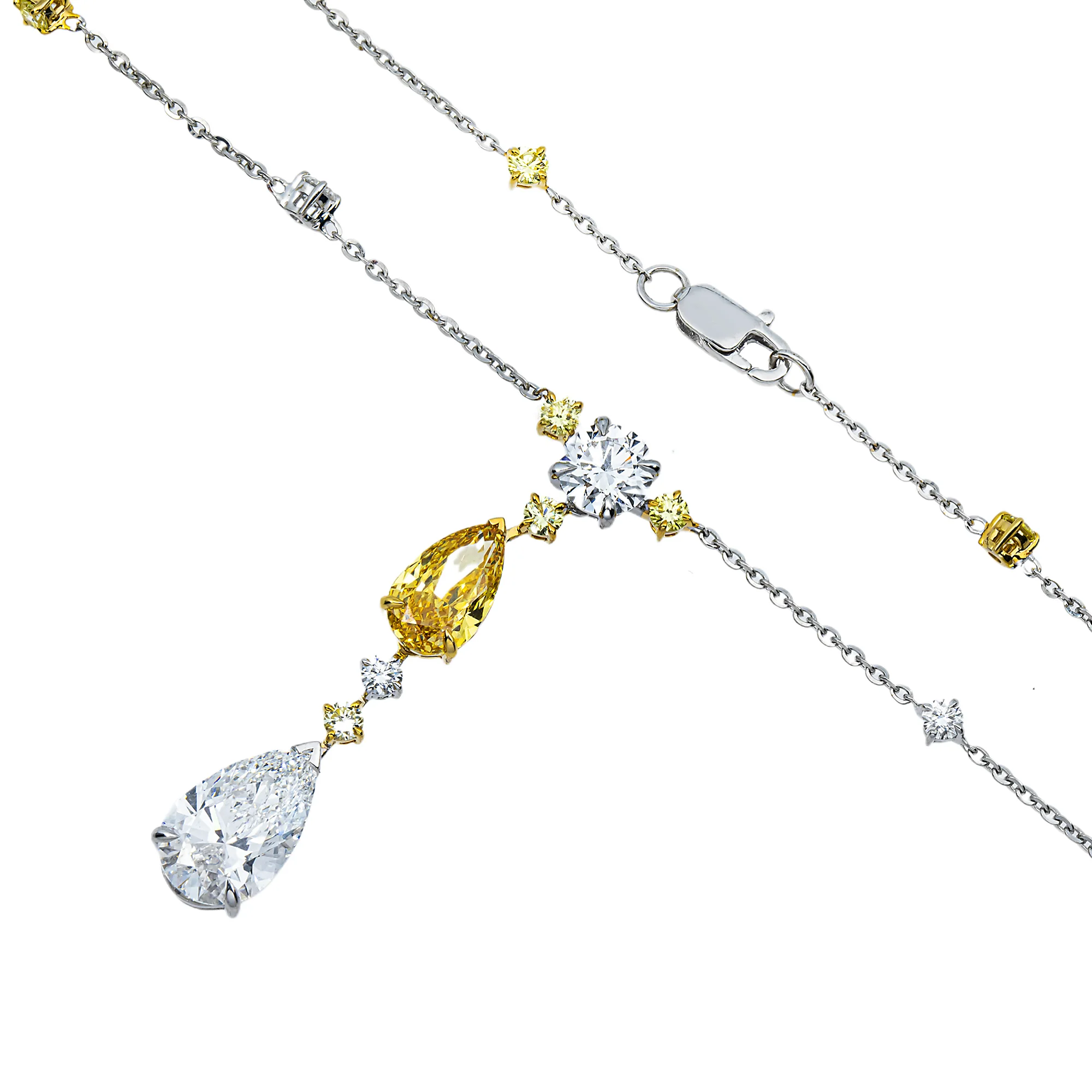 14K Two Tone Multi Cut Fancy Yellow & White Diamond Satellite Drop Necklace 7.05ct - Image 3