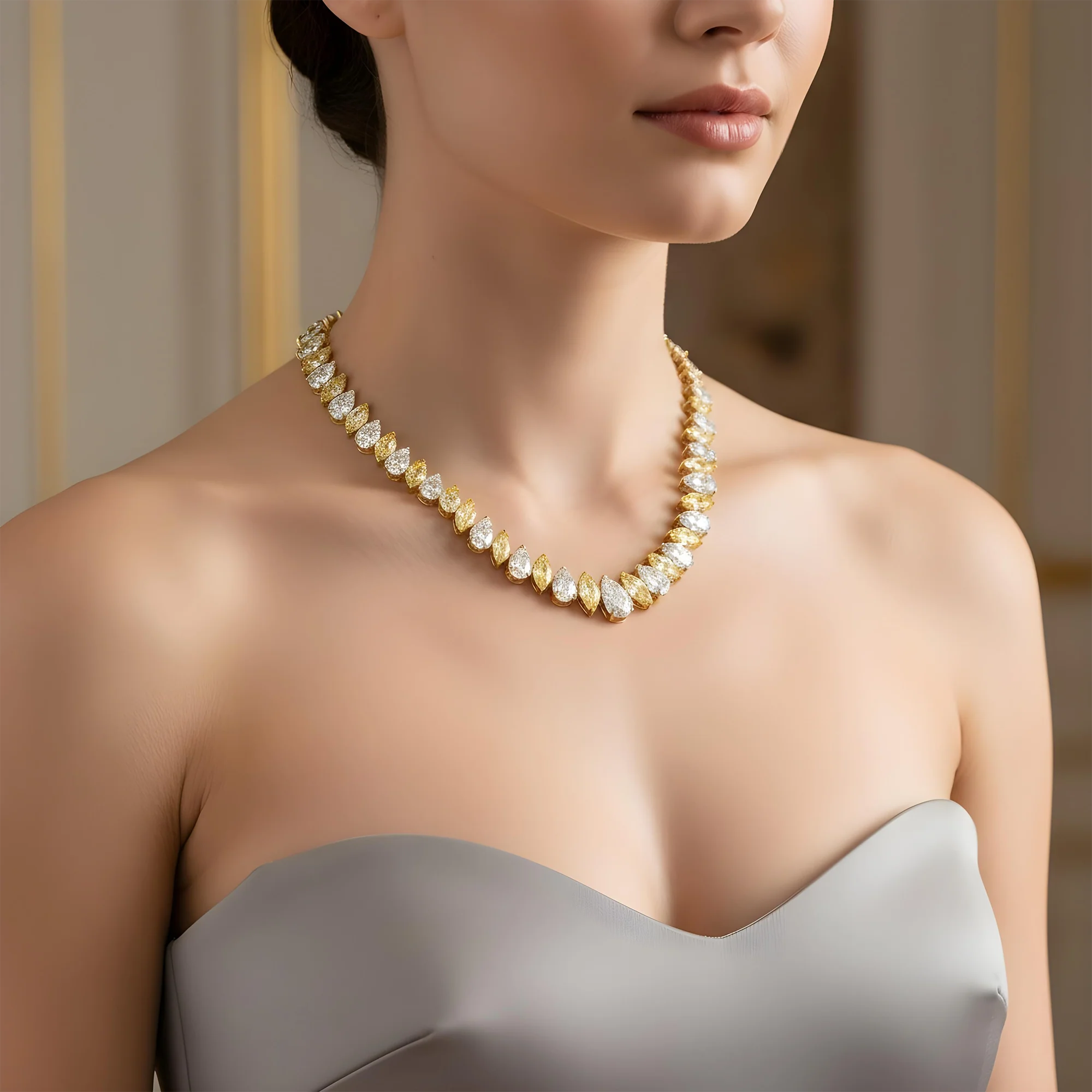 14K Two Tone Graduated Multi Cut Fancy Yellow & White Diamond Tennis Chain 51.73ct - Image 6