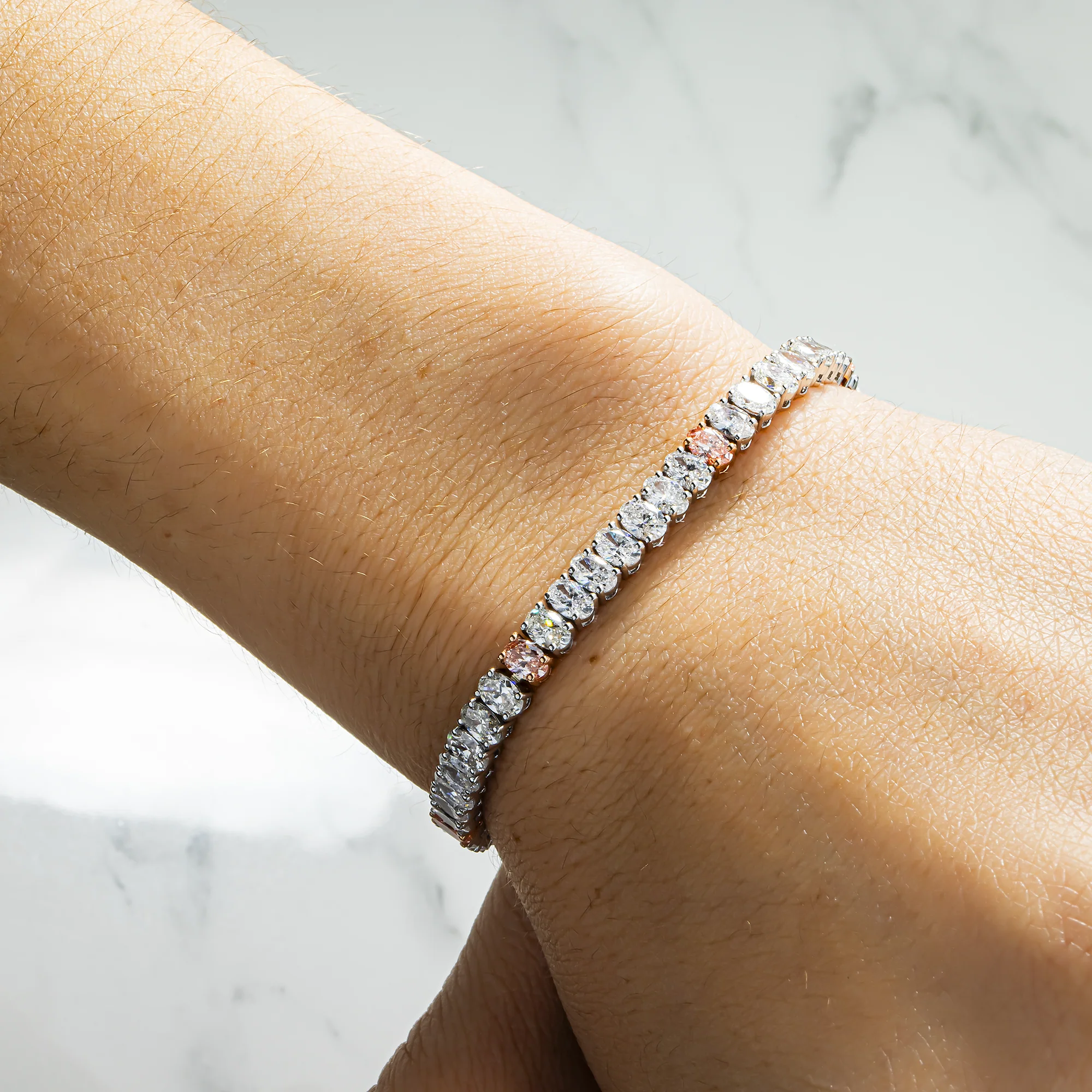 14K Two Tone Oval Cut Fancy Pink & White Diamond Tennis Bracelet 11.27ct - Image 2