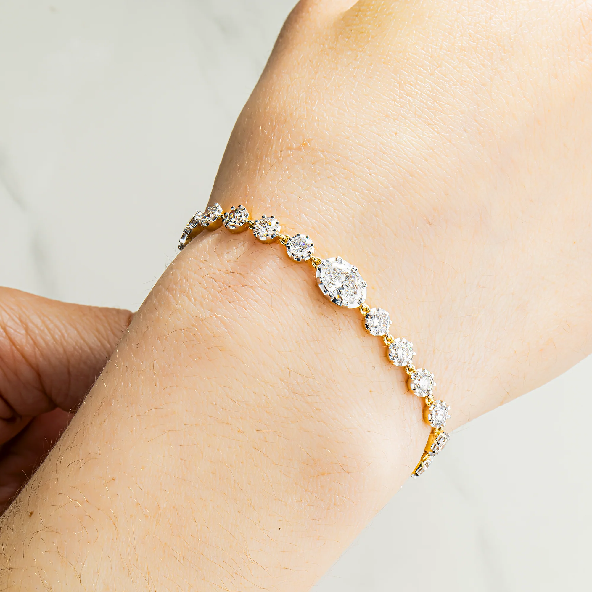 14K Two Tone Oval & Round Cut Diamond Satellite Bracelet 5.52ct - Image 2