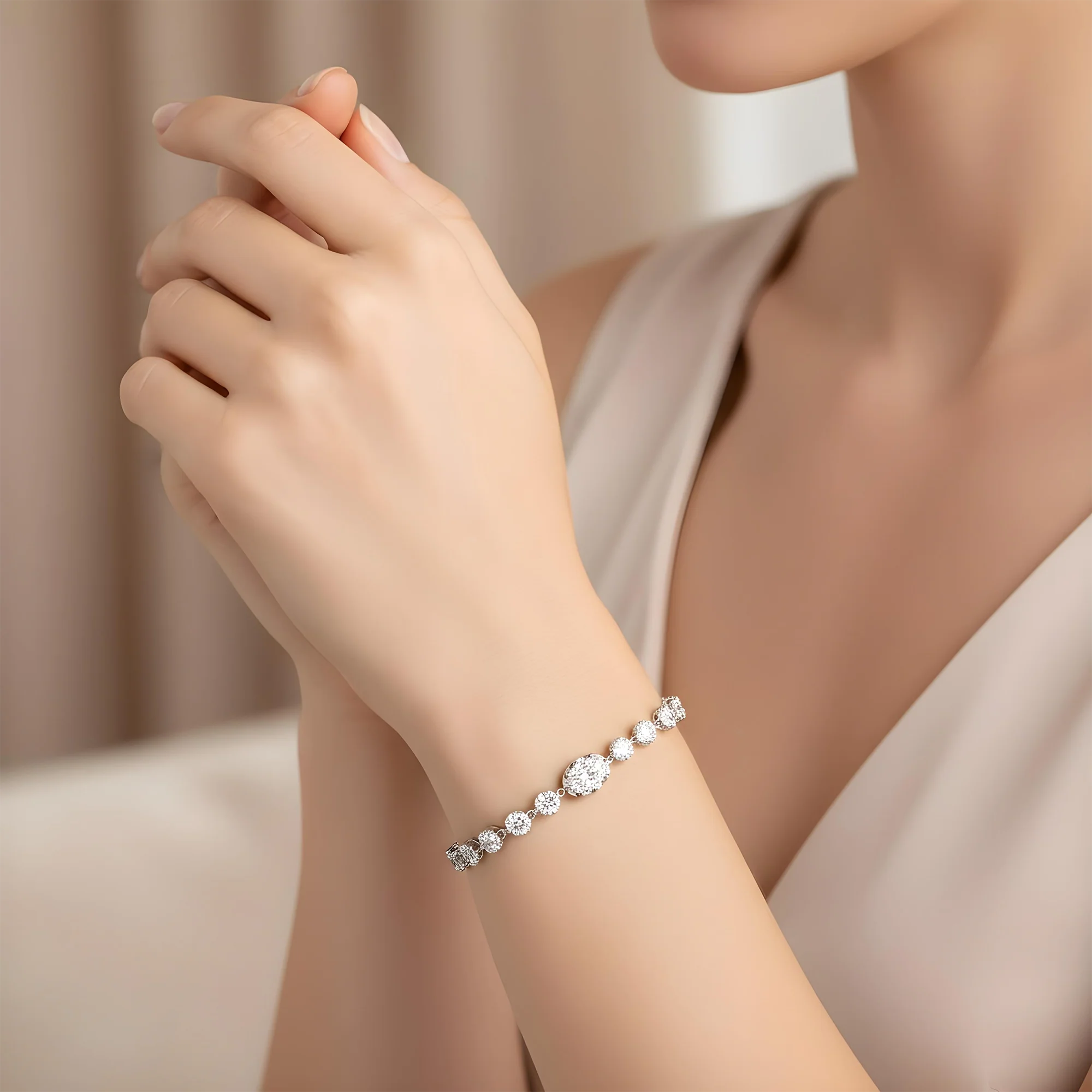 14K Two Tone Oval & Round Cut Diamond Satellite Bracelet 5.52ct - Image 7