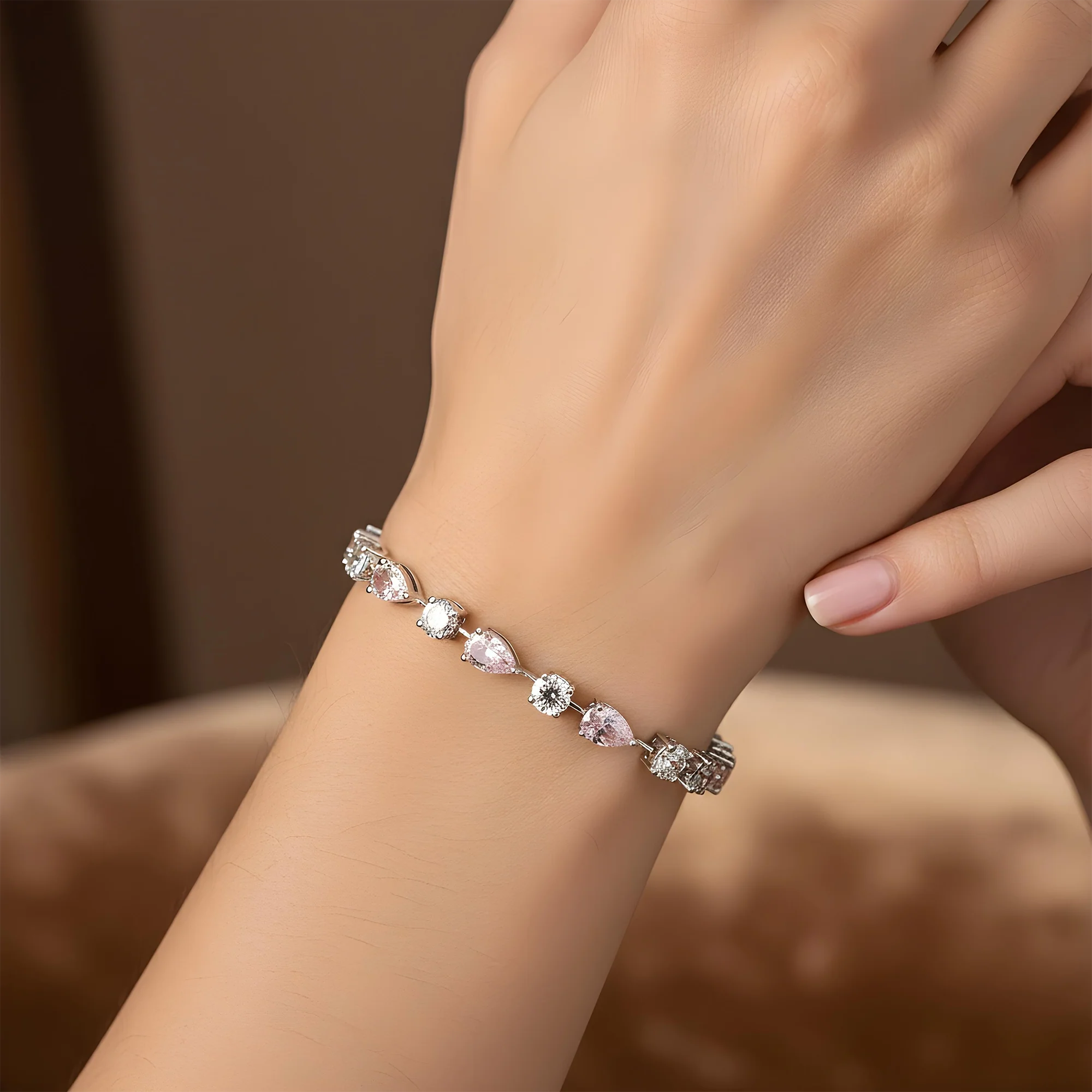 14K Two Tone Pear Cut Fancy Pink & White Diamond Satellite Bracelet 12.37ct - Image 7
