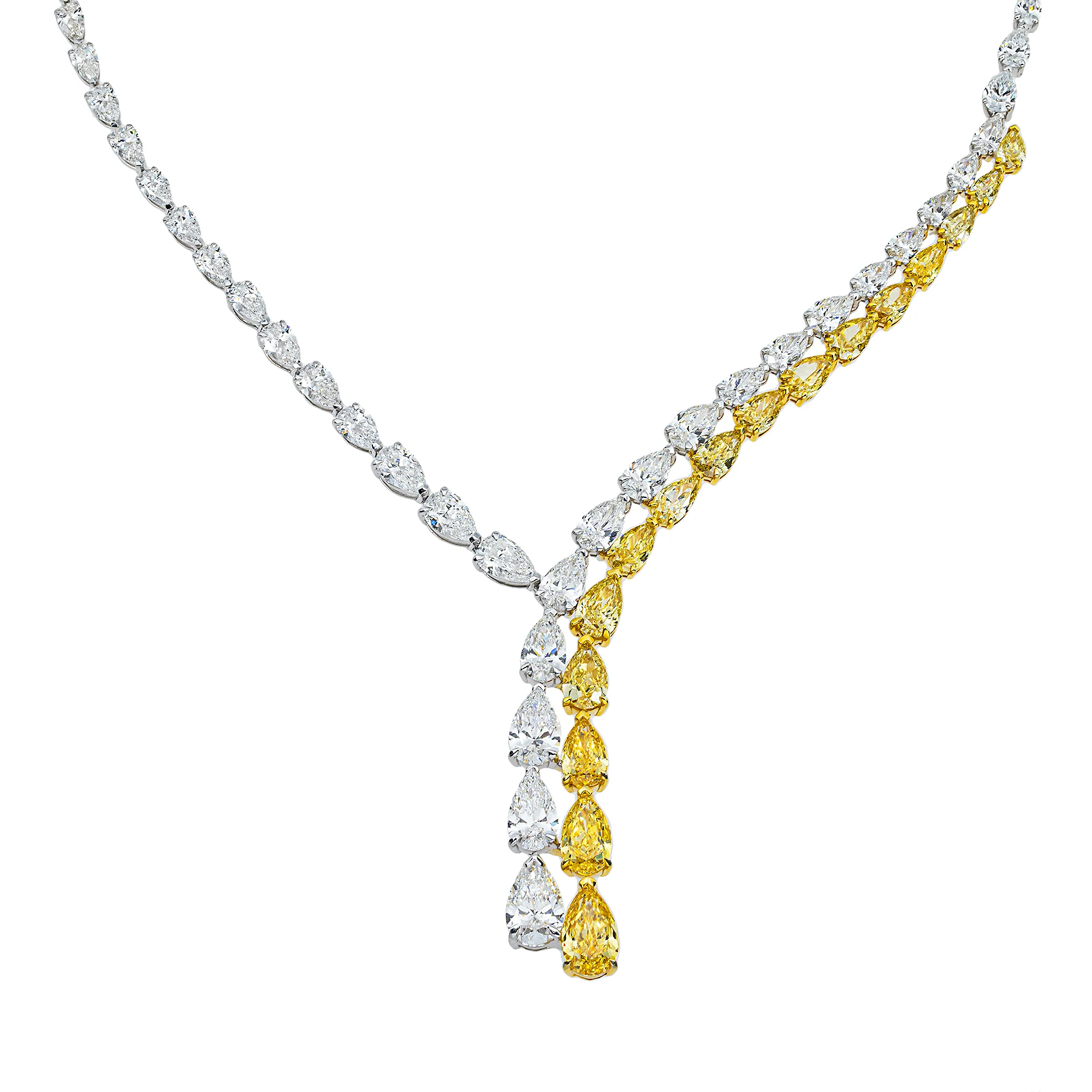14K Two Tone Pear Cut Fancy Yellow Diamond Drop Necklace 35.20ct