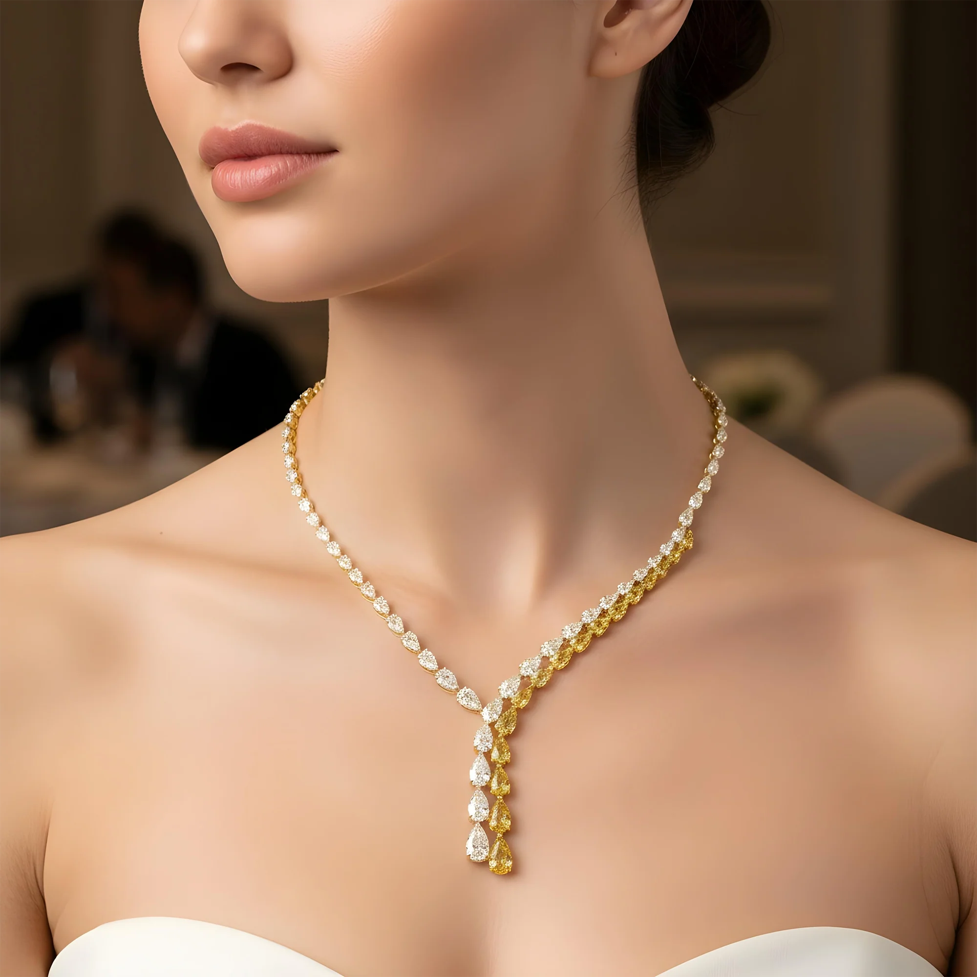 14K Two Tone Pear Cut Fancy Yellow Diamond Drop Necklace 35.20ct - Image 6