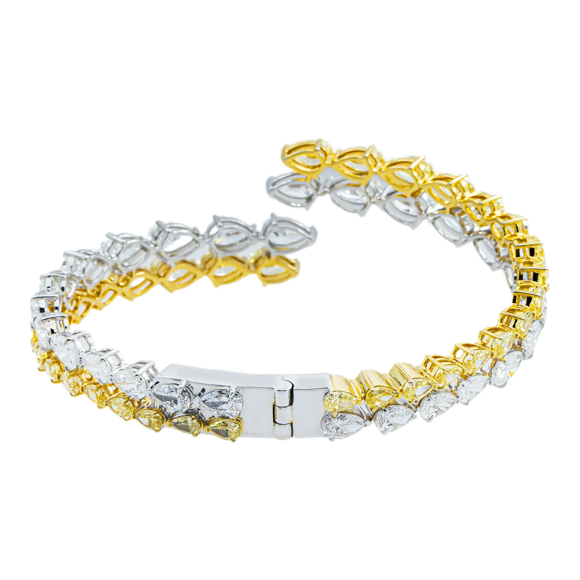 14K Two Tone Fancy Yellow & White Pear Diamond Bangle Bracelet 20.54ct - Image 3