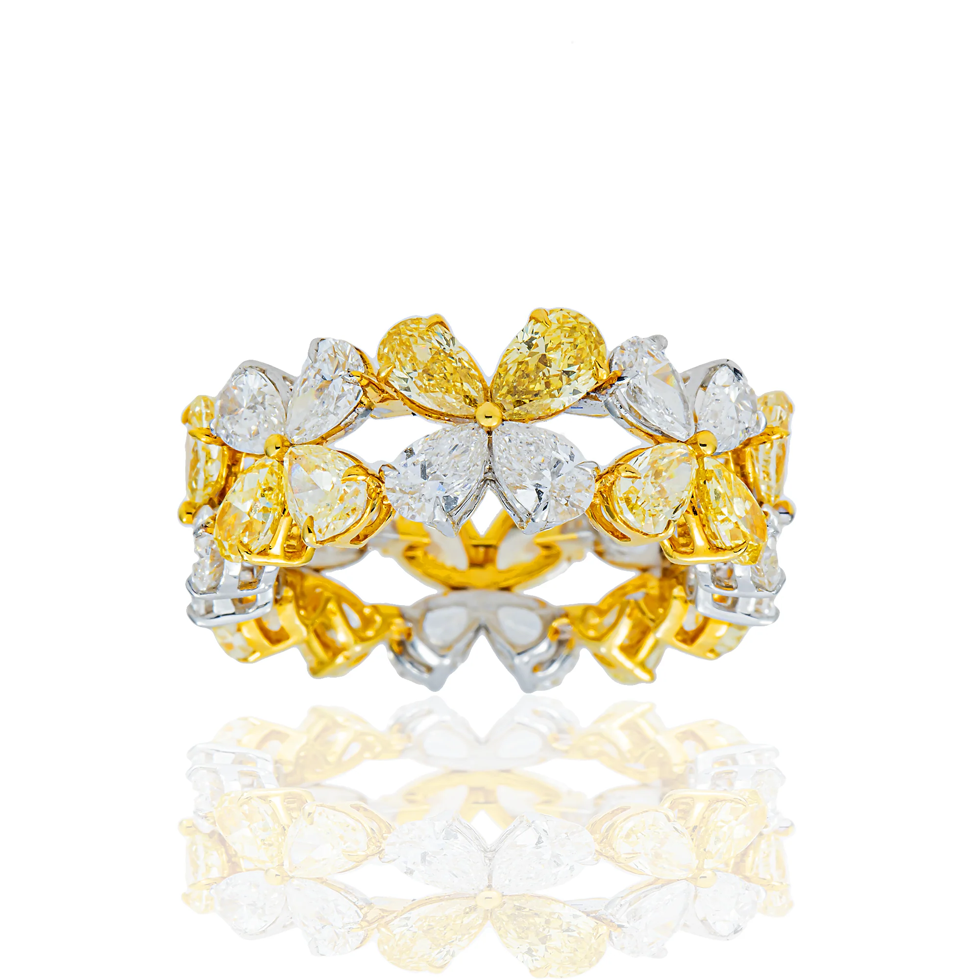 14K Two Tone Pear Cut Fancy Yellow & White Diamond Flower Eternity Ring 6.38ct