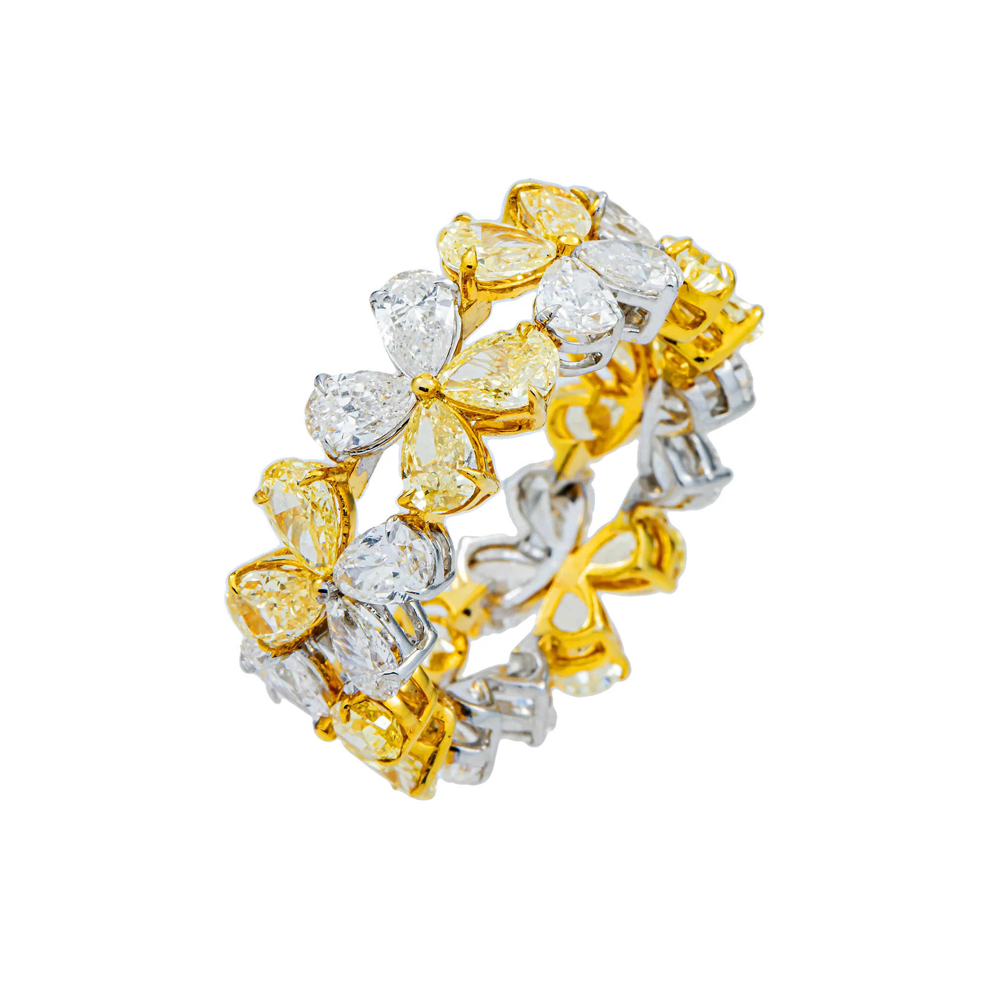 14K Two Tone Pear Cut Fancy Yellow & White Diamond Flower Eternity Ring 6.38ct - Image 3