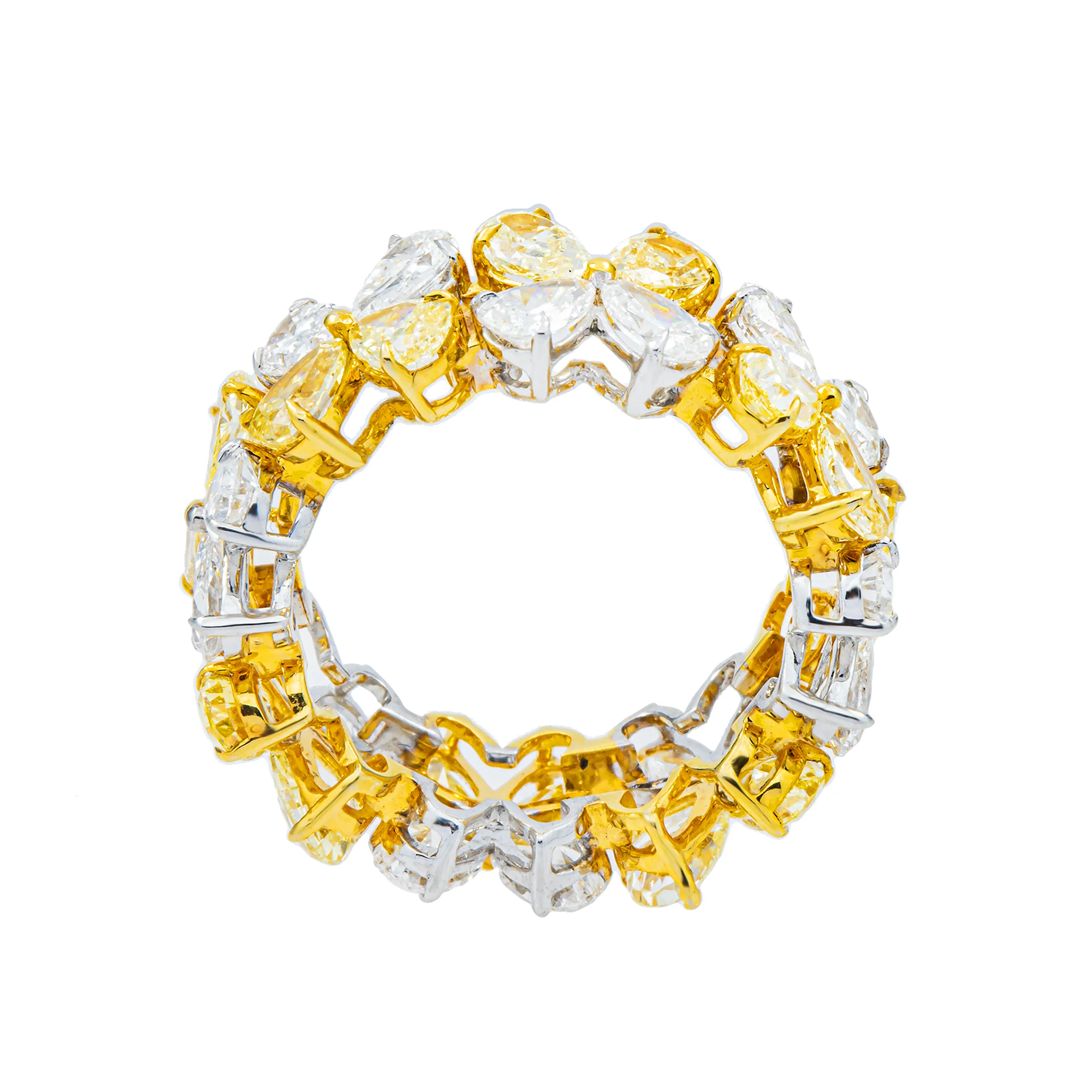 14K Two Tone Pear Cut Fancy Yellow & White Diamond Flower Eternity Ring 6.38ct - Image 4