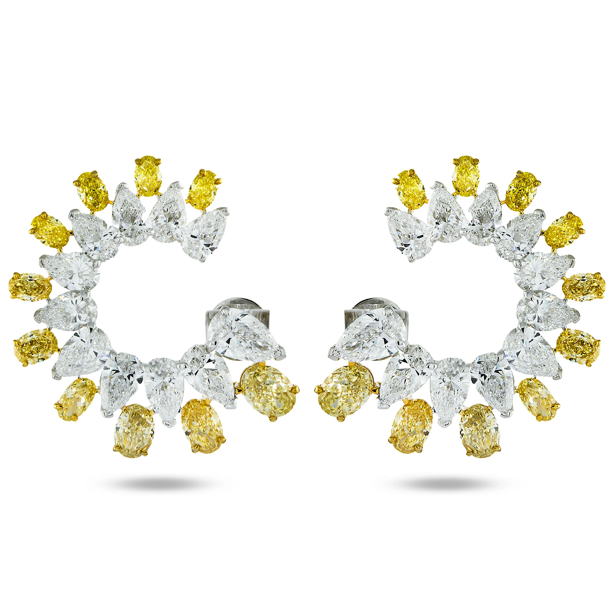 14K Two Tone Pear Cut Fancy Yellow & White Diamond Hoop Earrings 18.01ctw