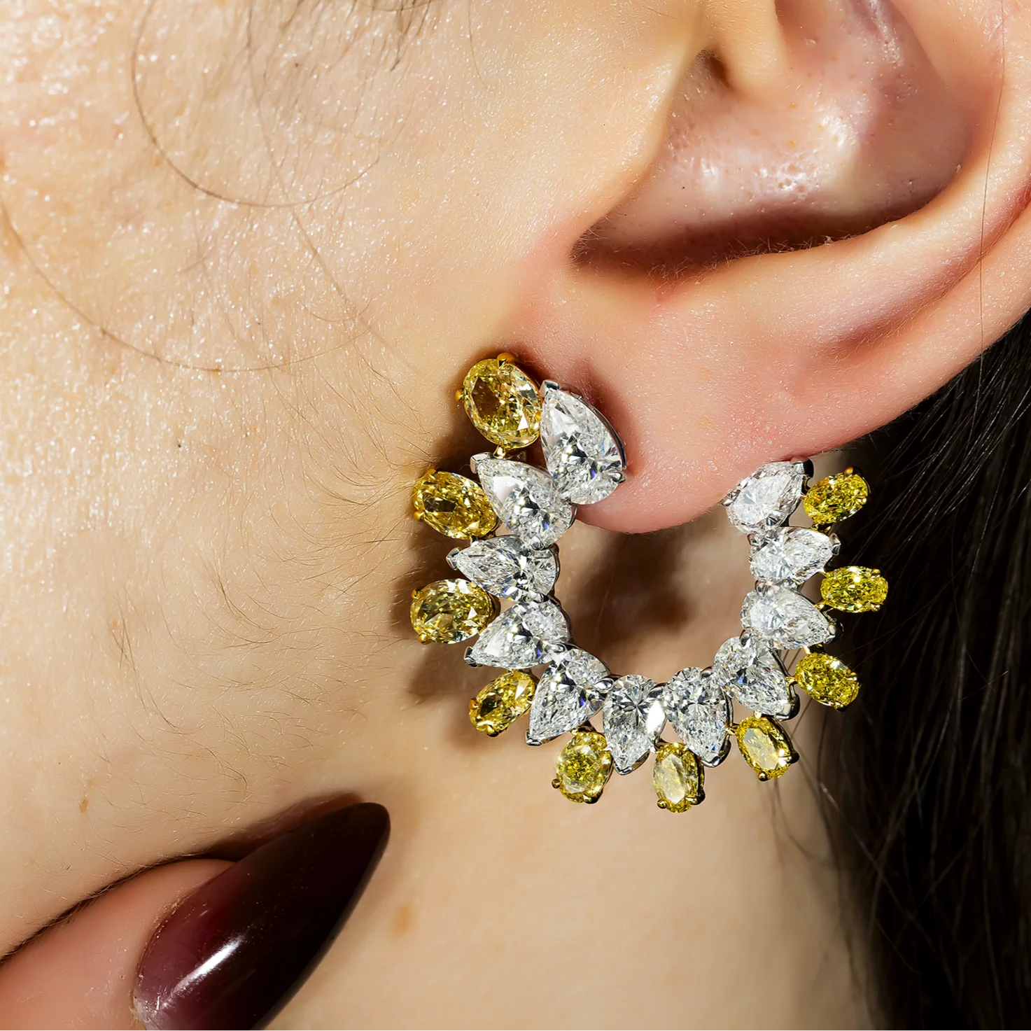 14K Two Tone Pear Cut Fancy Yellow & White Diamond Hoop Earrings 18.01ctw - Image 2