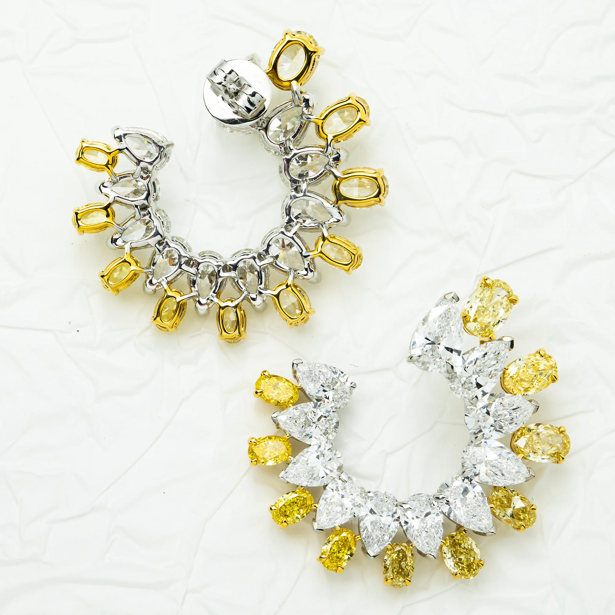 14K Two Tone Pear Cut Fancy Yellow & White Diamond Hoop Earrings 18.01ctw - Image 3