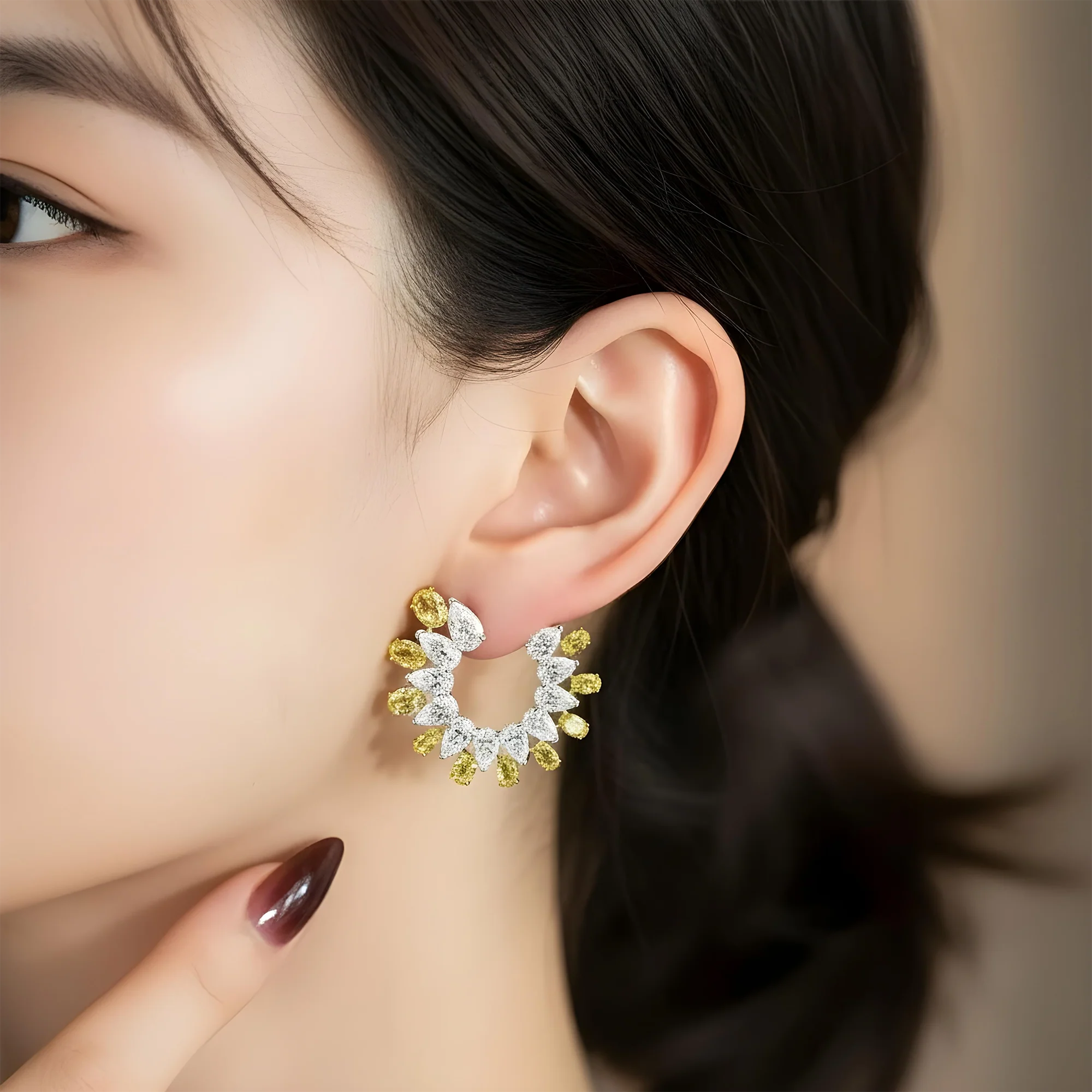 14K Two Tone Pear Cut Fancy Yellow & White Diamond Hoop Earrings 18.01ctw - Image 5