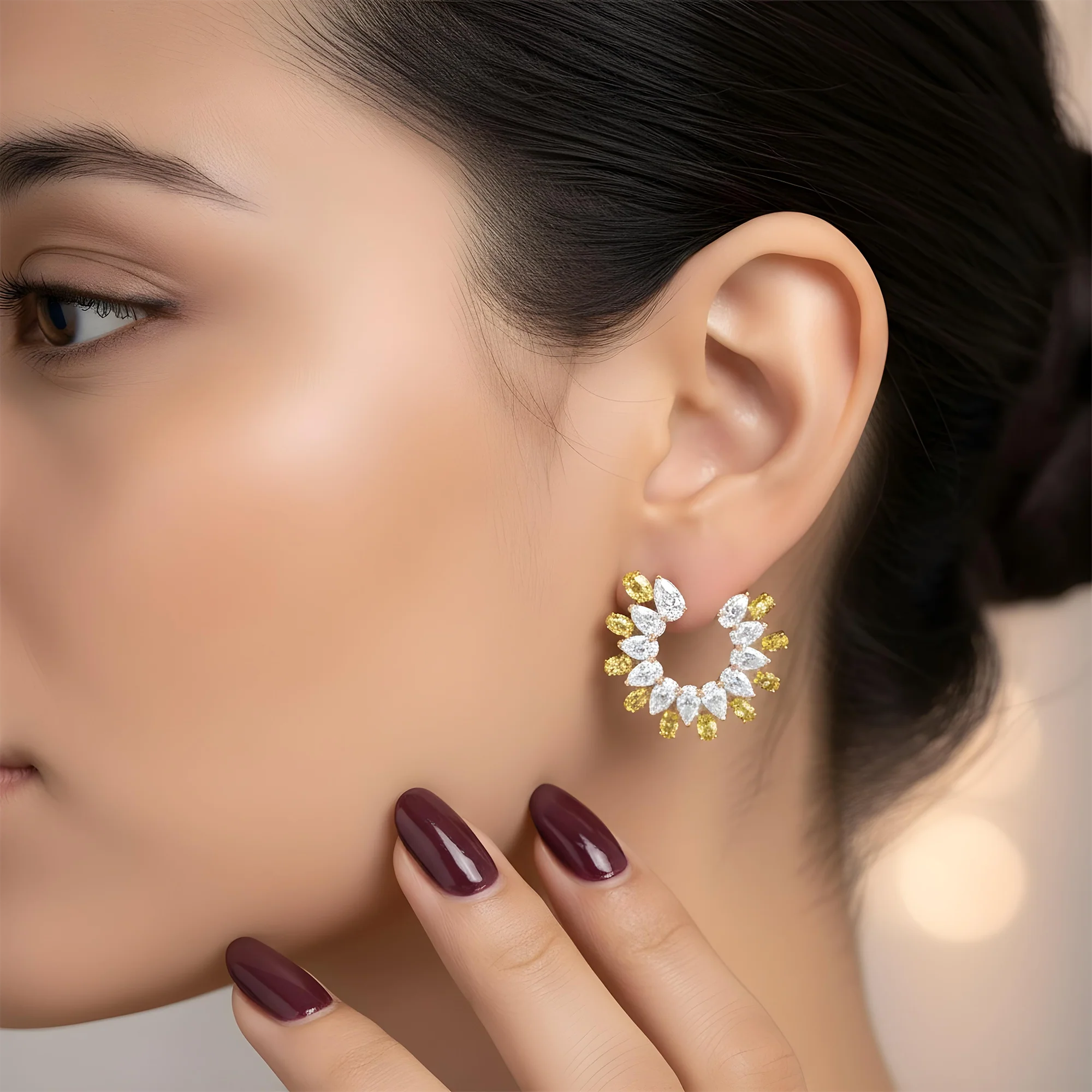 14K Two Tone Pear Cut Fancy Yellow & White Diamond Hoop Earrings 18.01ctw - Image 7