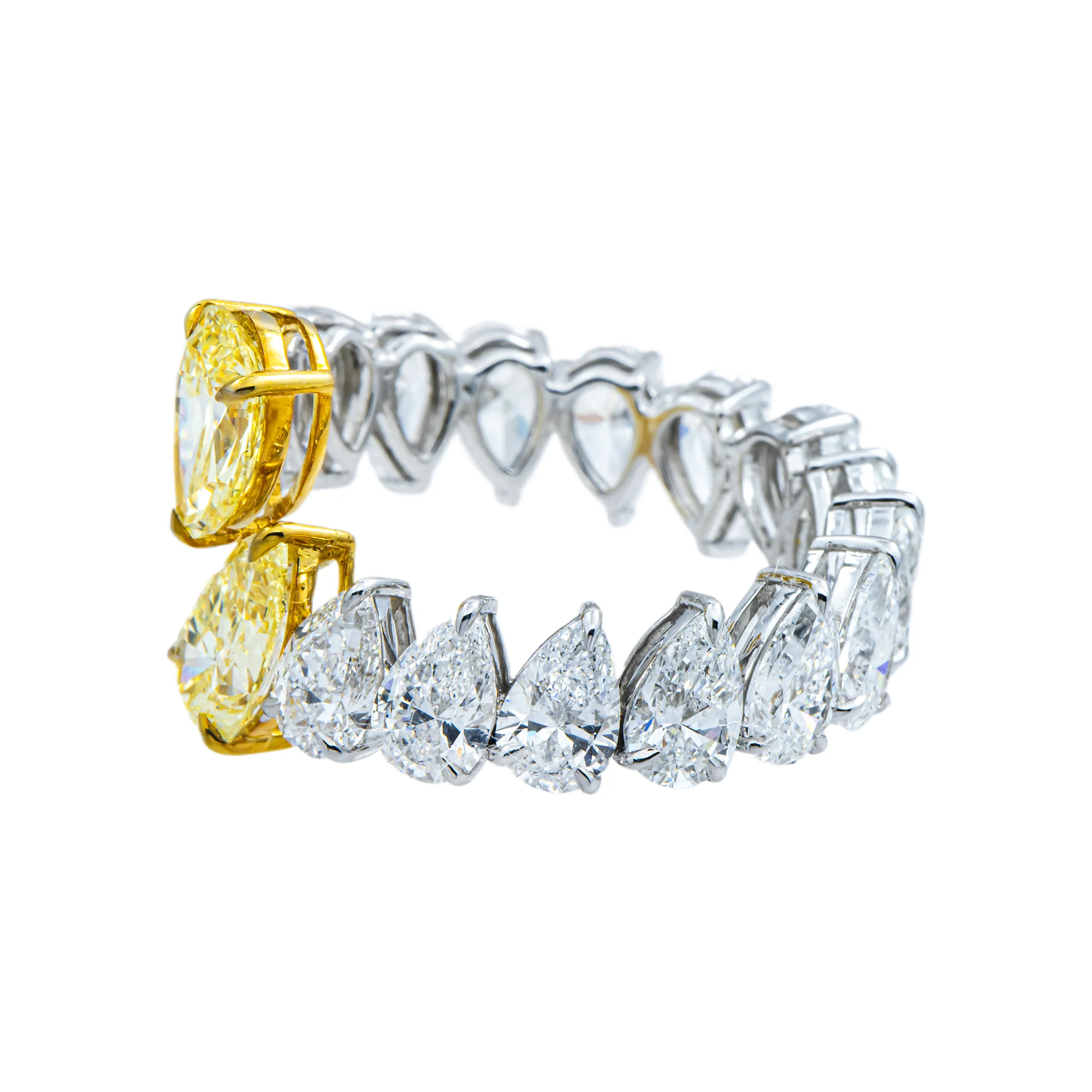 14K Two Tone Pear Cut Fancy Yellow & White Diamond Wrap Ring 6.82ct - Image 4