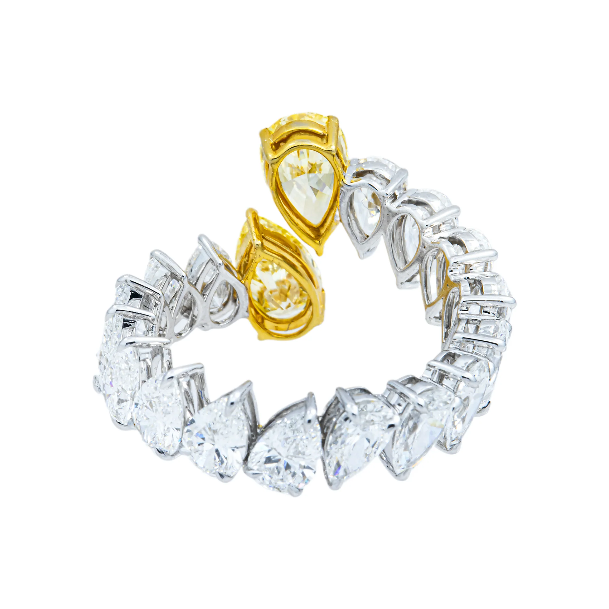 14K Two Tone Pear Cut Fancy Yellow & White Diamond Wrap Ring 6.82ct - Image 5