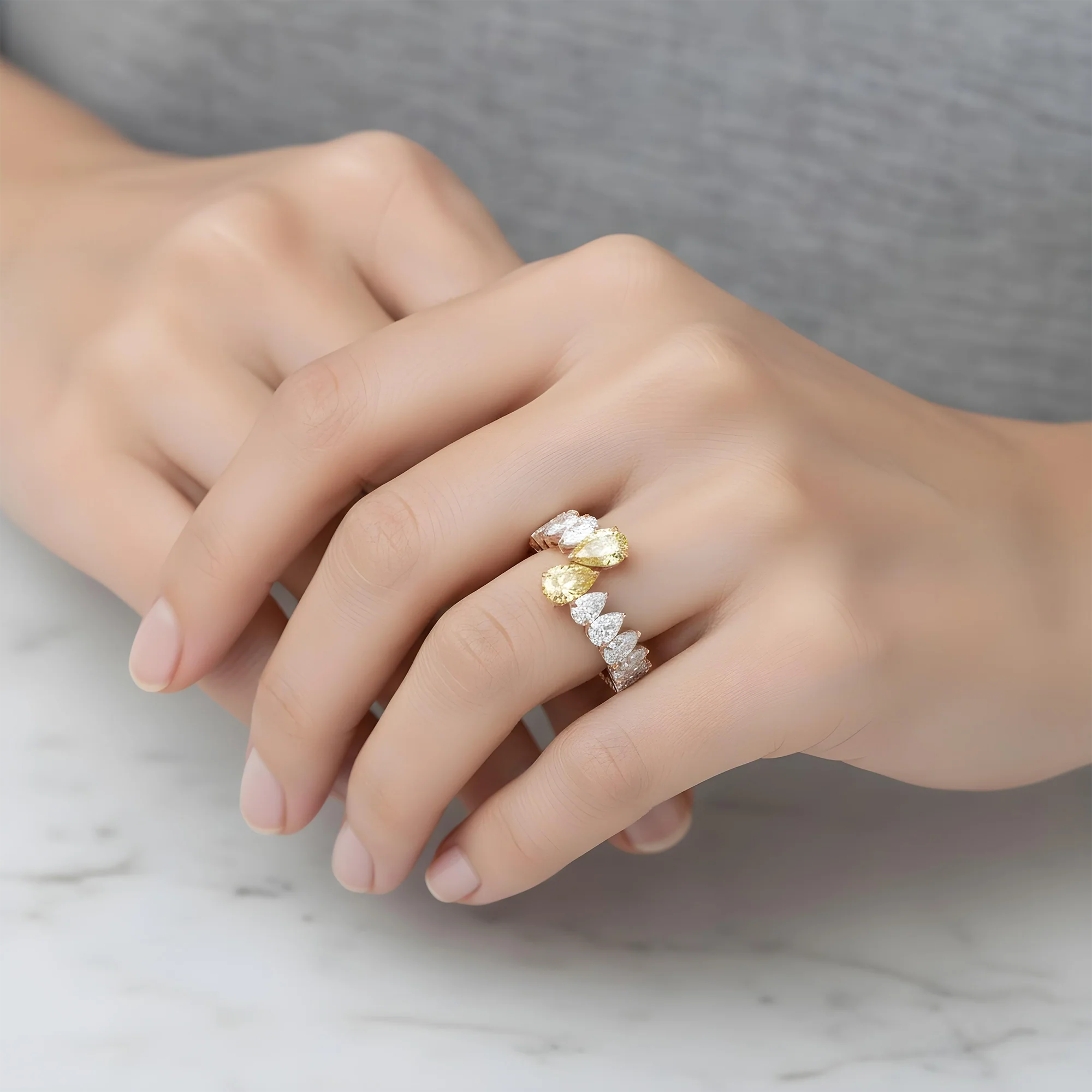 14K Two Tone Pear Cut Fancy Yellow & White Diamond Wrap Ring 6.82ct - Image 9