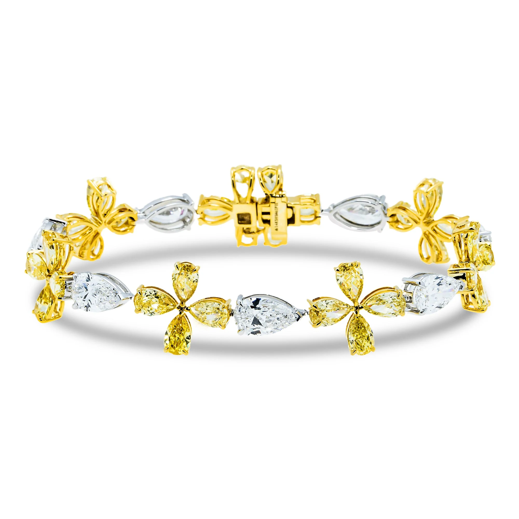 14K Two Tone Pear Cut White & Fancy Yellow Diamond Blooming Bracelet 19.85ct