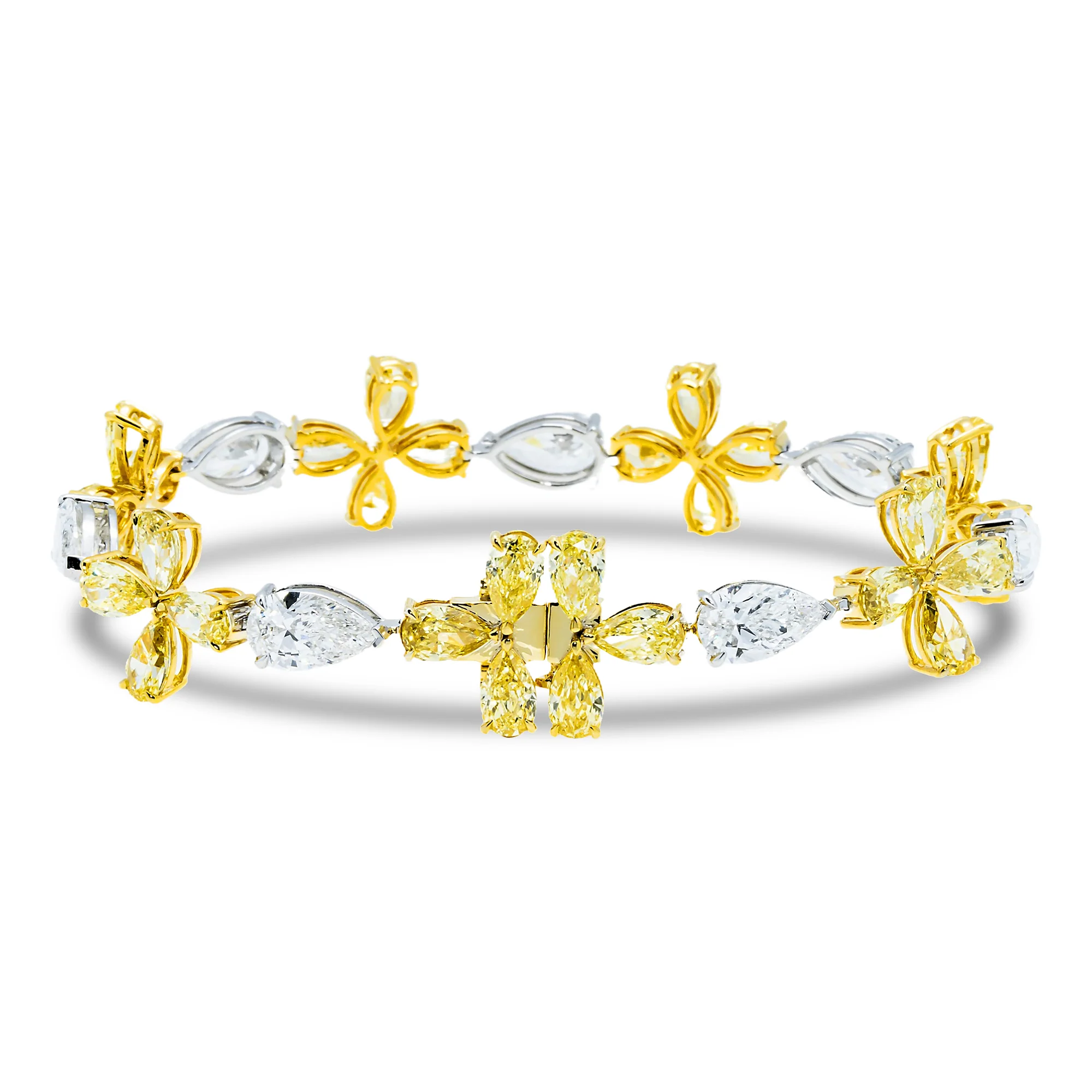 14K Two Tone Pear Cut White & Fancy Yellow Diamond Blooming Bracelet 19.85ct - Image 3