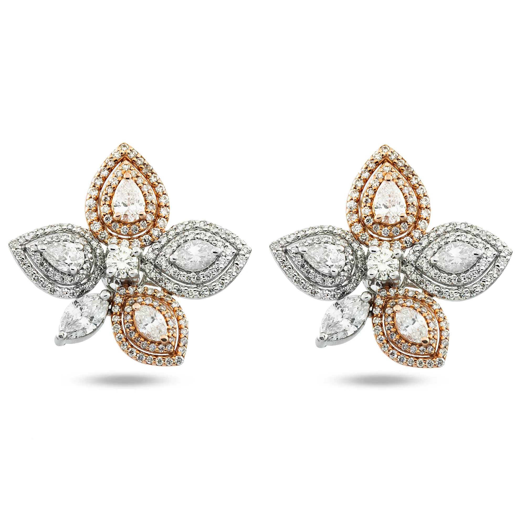 14K Two Tone Rose & White Gold Diamond Flower Stud Earrings 3.32ctw
