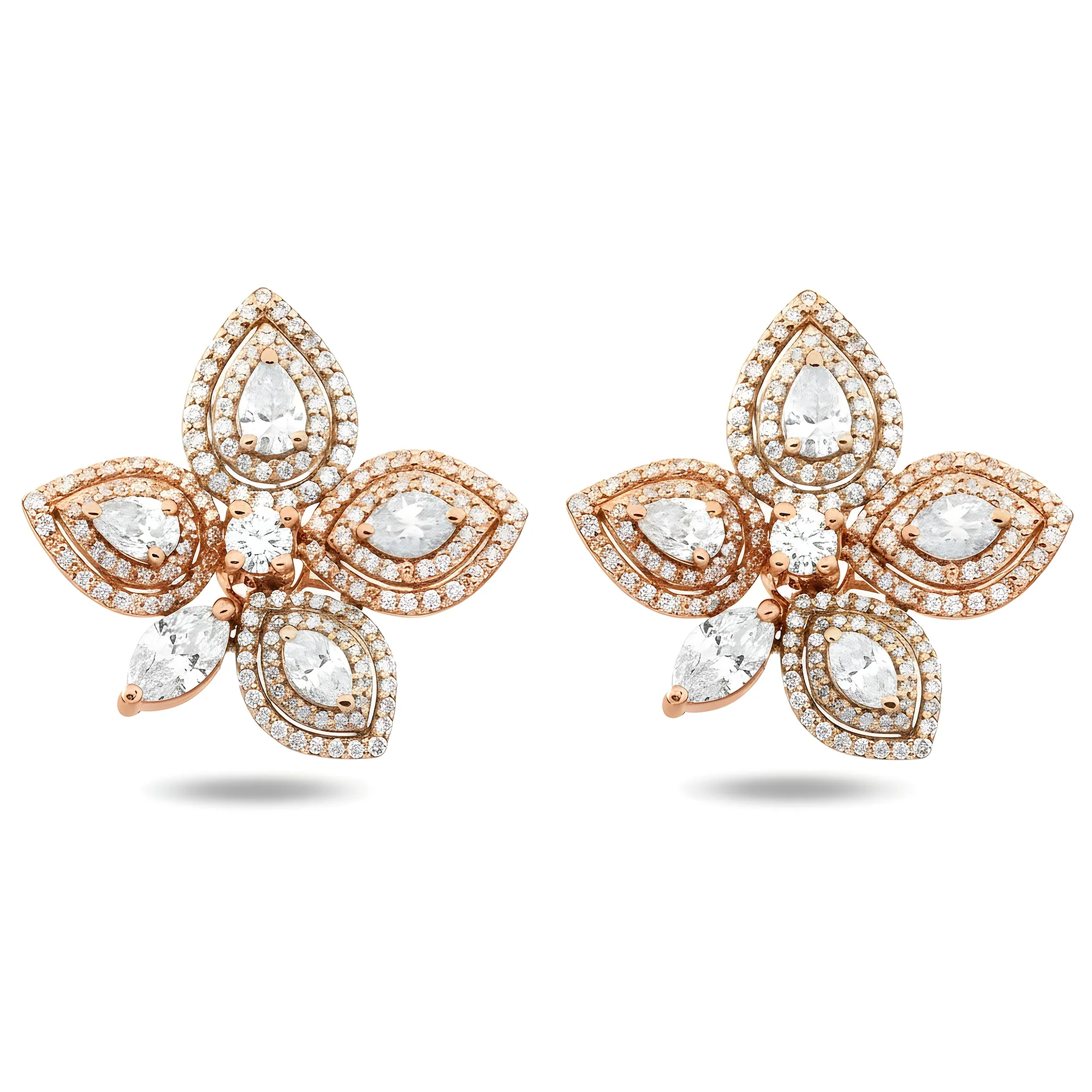 14K Two Tone Rose & White Gold Diamond Flower Stud Earrings 3.32ctw - Image 6