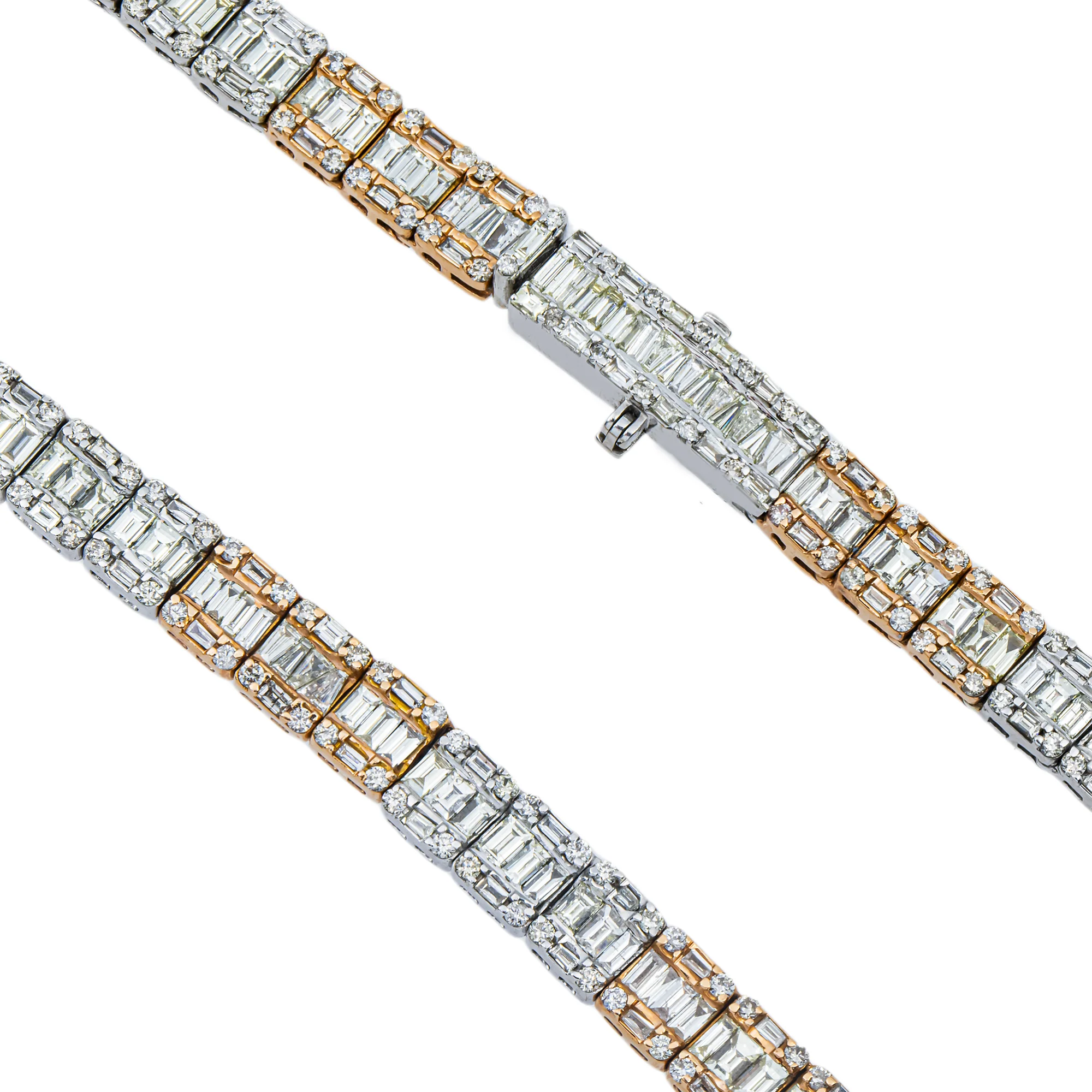 14K Two Tone Round & Baguette Cut Diamond Tennis Chain 29.52ct - Image 4