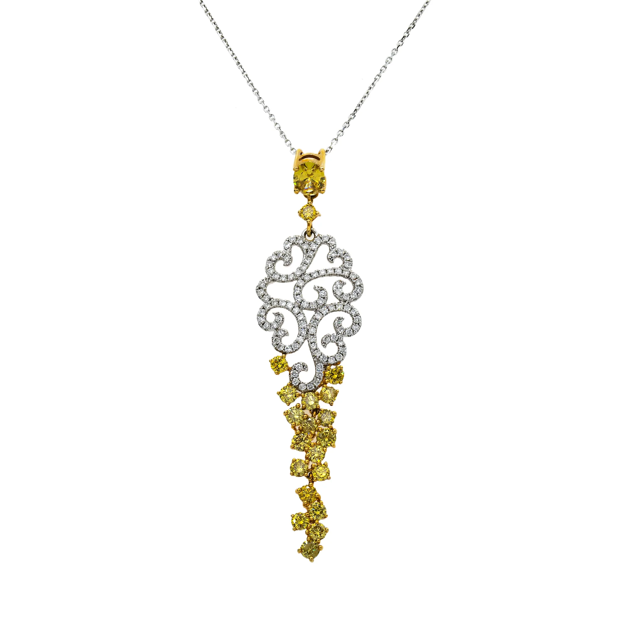 14K Two Tone Round Cut White & Fancy Yellow Diamond Pendant Necklace 2.78ct