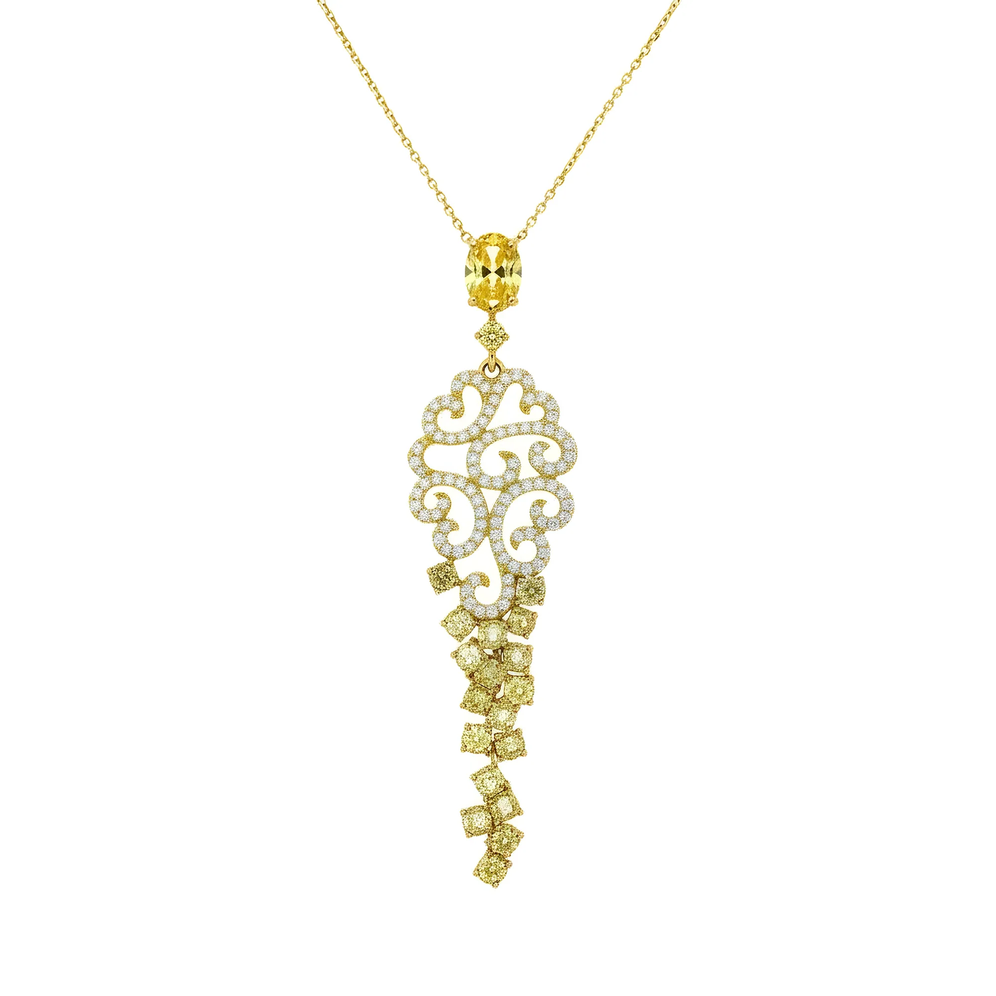 14K Two Tone Round Cut White & Fancy Yellow Diamond Pendant Necklace 2.78ct - Image 5