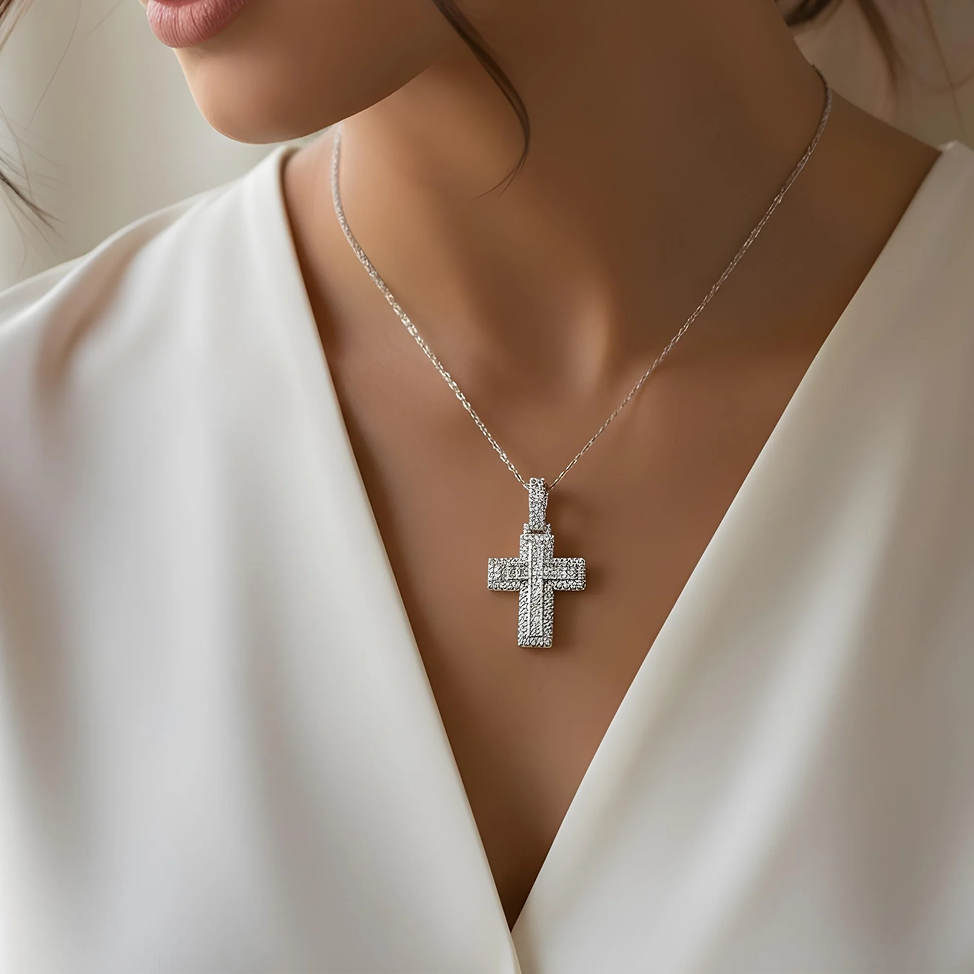 14K Two Tone Round Diamond Bilevel Cross Pendant 6.90ct - Image 6
