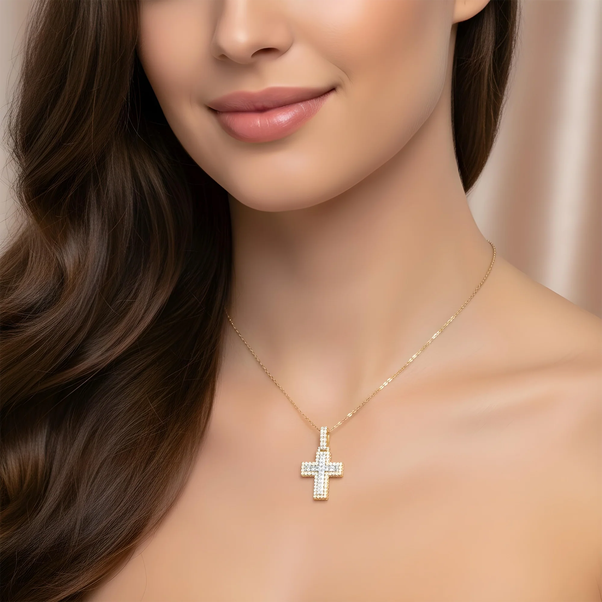 14K Two Tone Round Diamond Bilevel Cross Pendant 6.90ct - Image 9