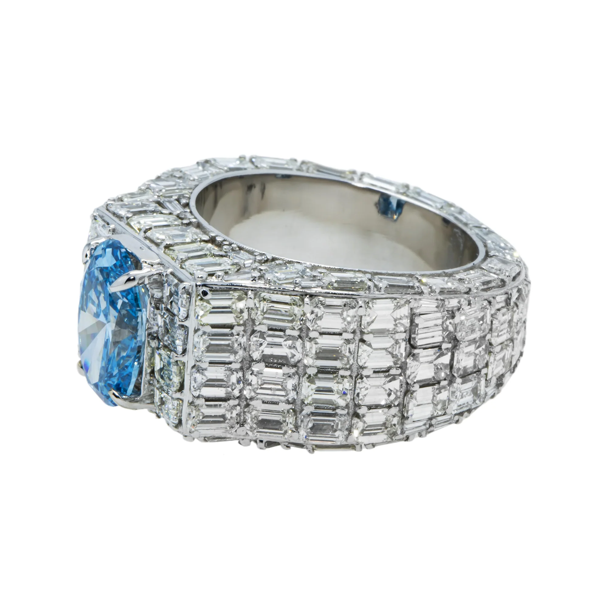 14K Whie Gold Emerald & Oval Cut Fancy Vivid Blue Diamond Ring 16.33ctw - Image 5