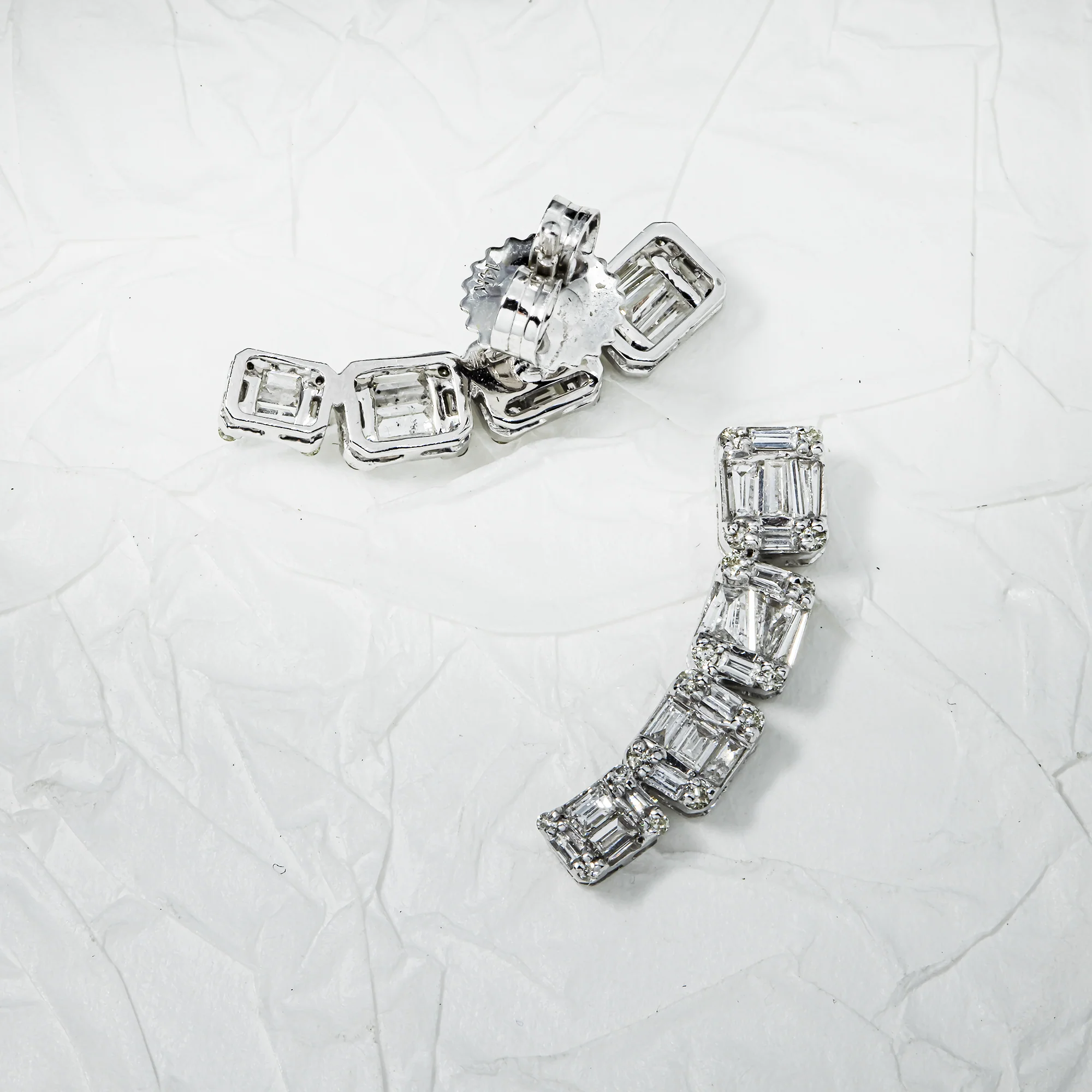 14K White Gold Four-Tiered Baguette Diamond Earrings 1.16ctw - Image 3
