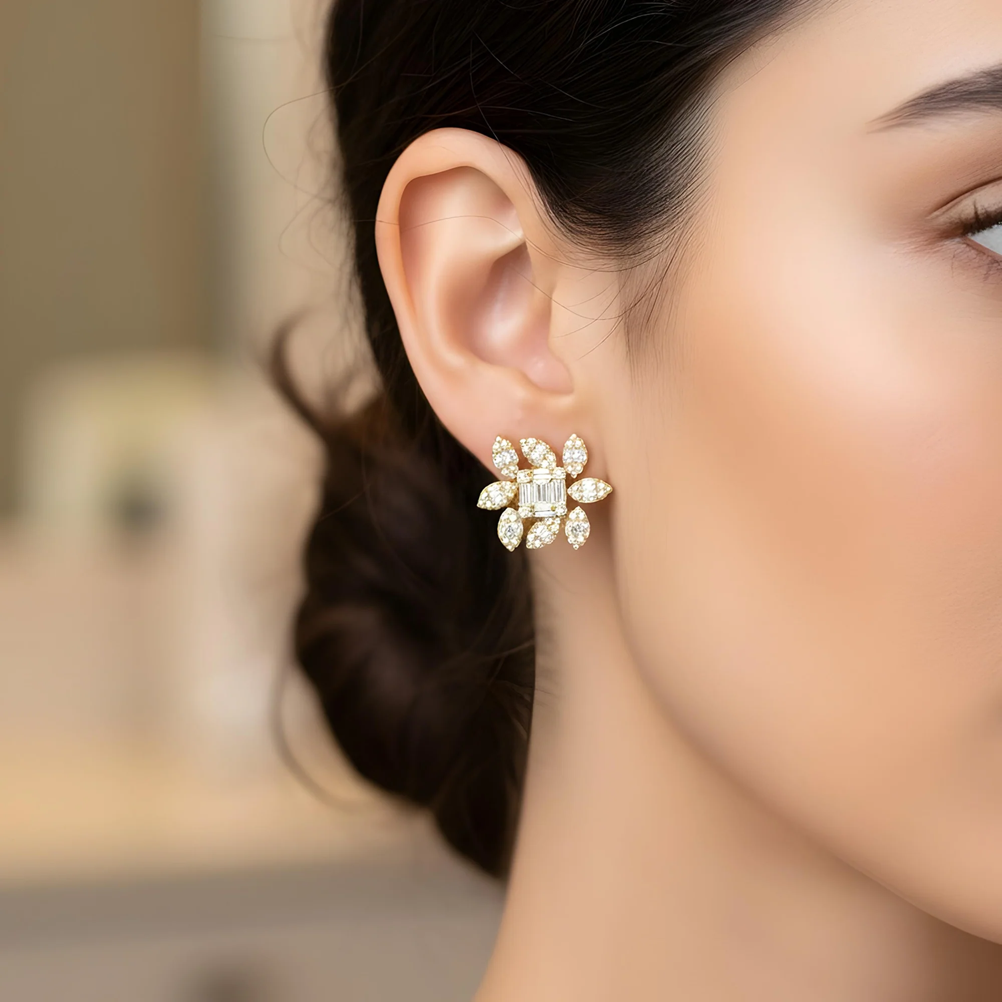 14K White Gold Baguette Diamond Flower Stud Earrings 3.35ctw - Image 3