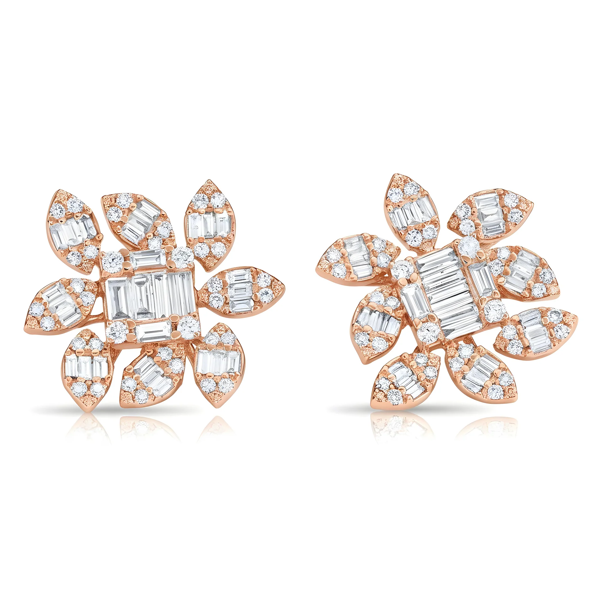 14K White Gold Baguette Diamond Flower Stud Earrings 3.35ctw - Image 4