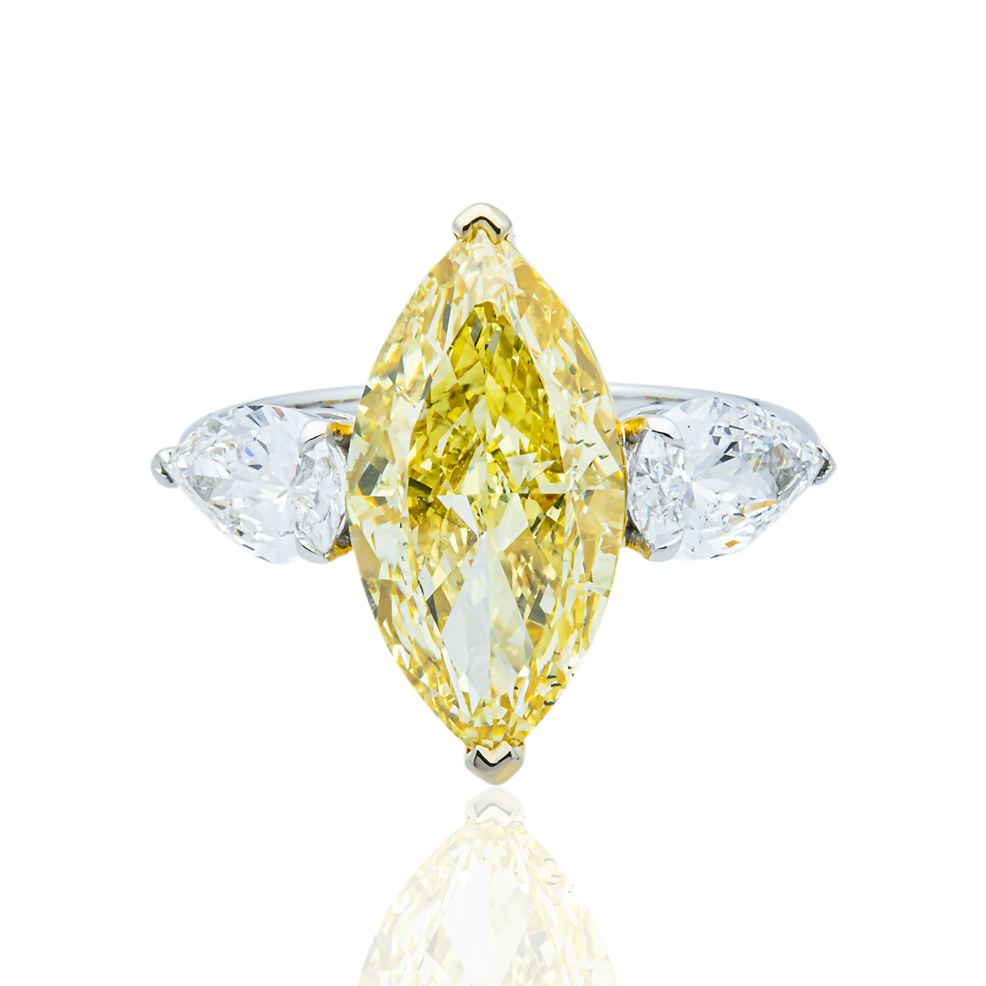 14K White Gold 5.36ct Marquise Fancy Yellow & Pear White Diamond Ring 6.80ctw