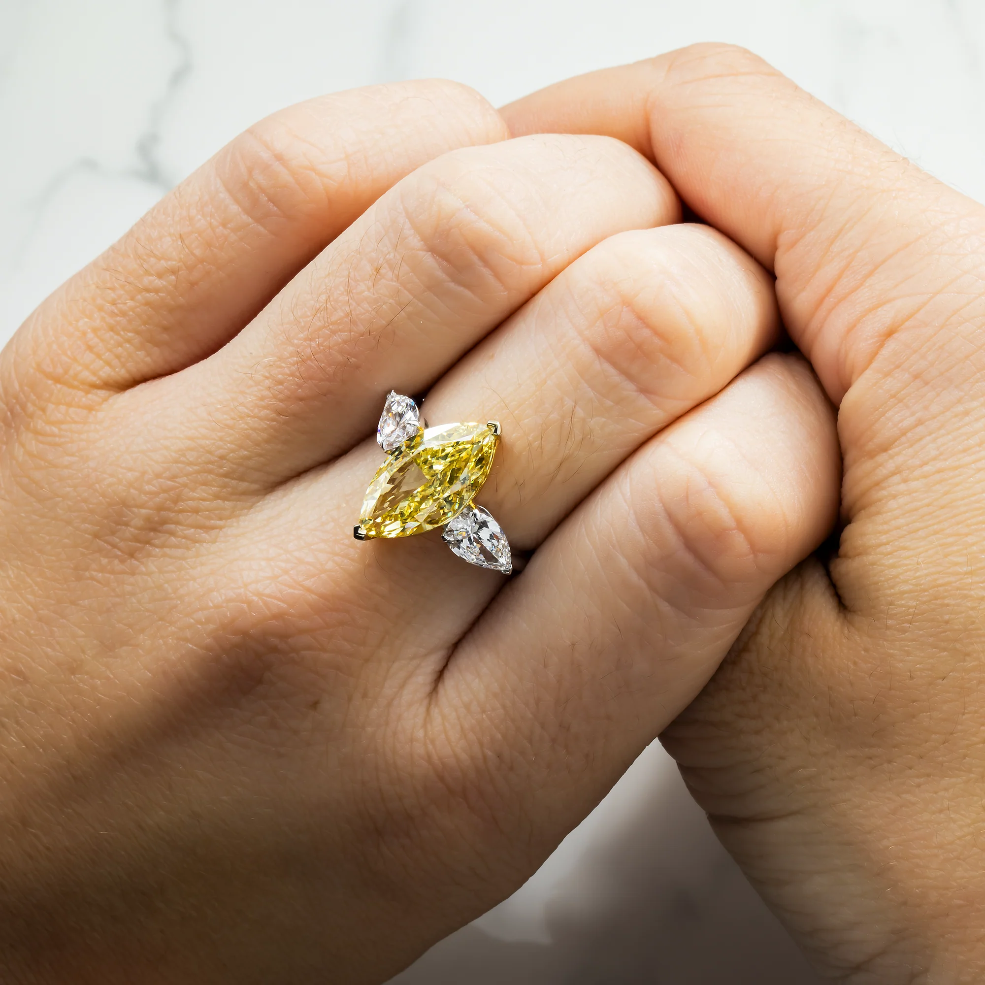 14K White Gold 5.36ct Marquise Fancy Yellow & Pear White Diamond Ring 6.80ctw - Image 2
