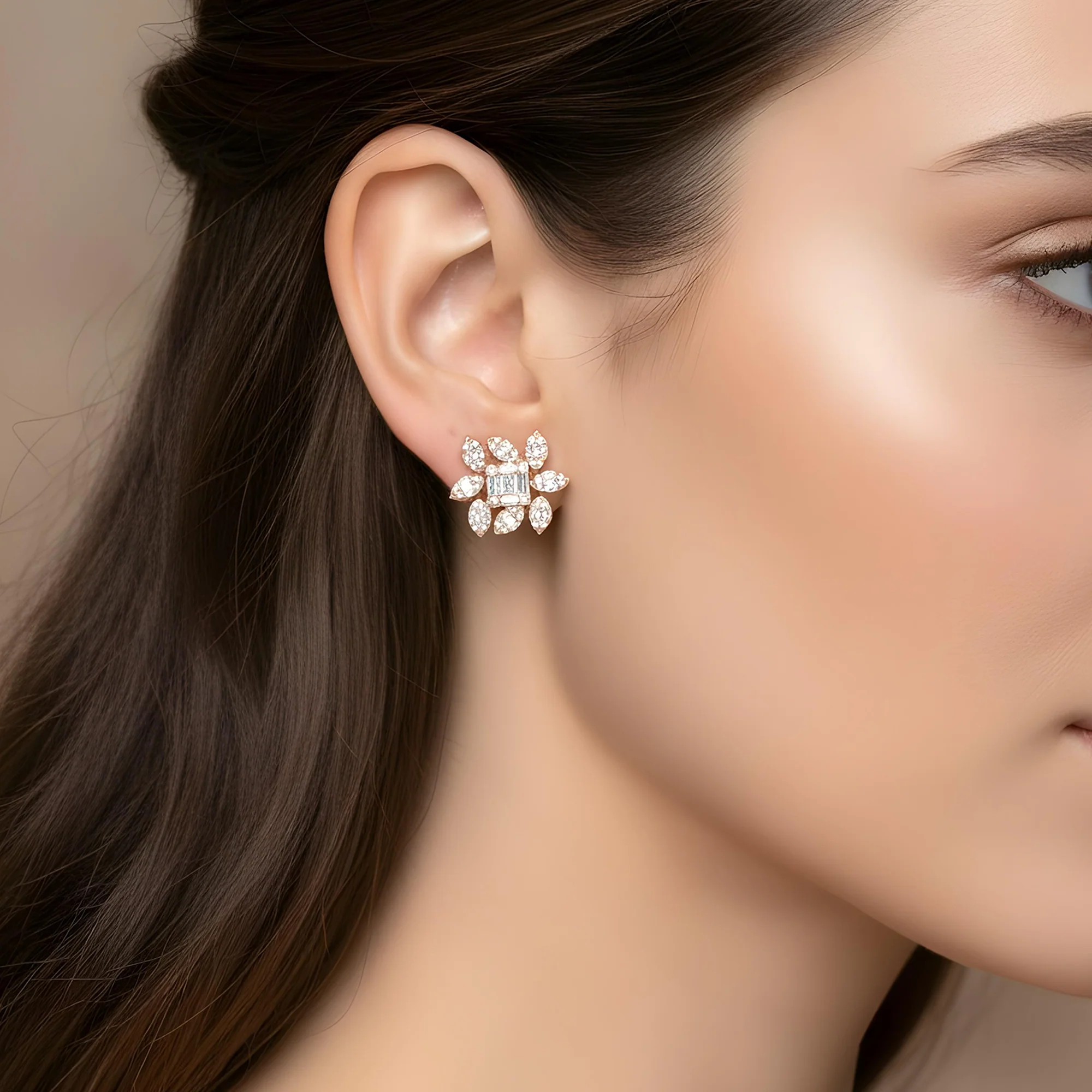 14K White Gold Baguette Diamond Flower Stud Earrings 3.35ctw - Image 5