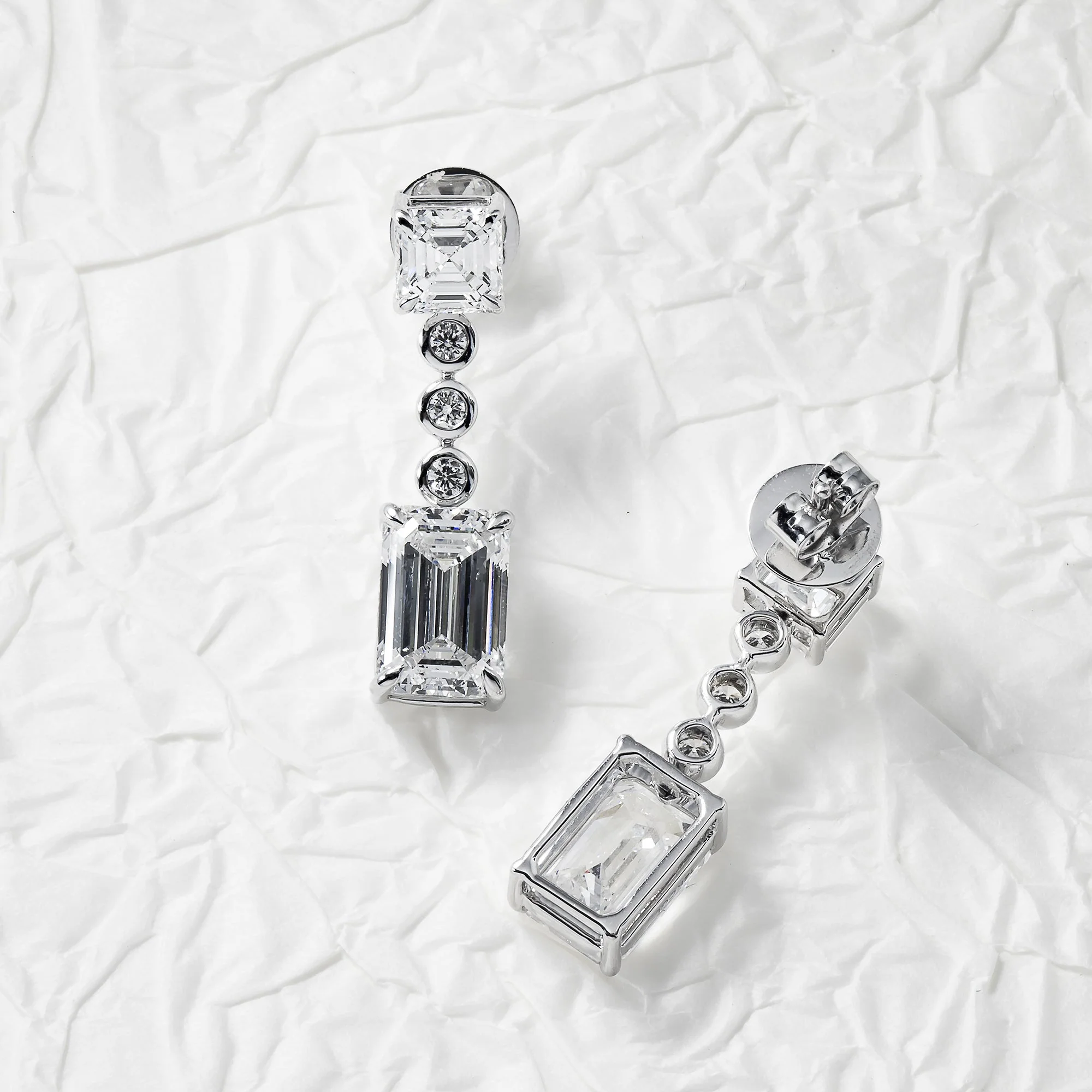 14K White Gold Asscher & Emerald Cut Diamond Short Drop Earrings 8.29ctw - Image 3