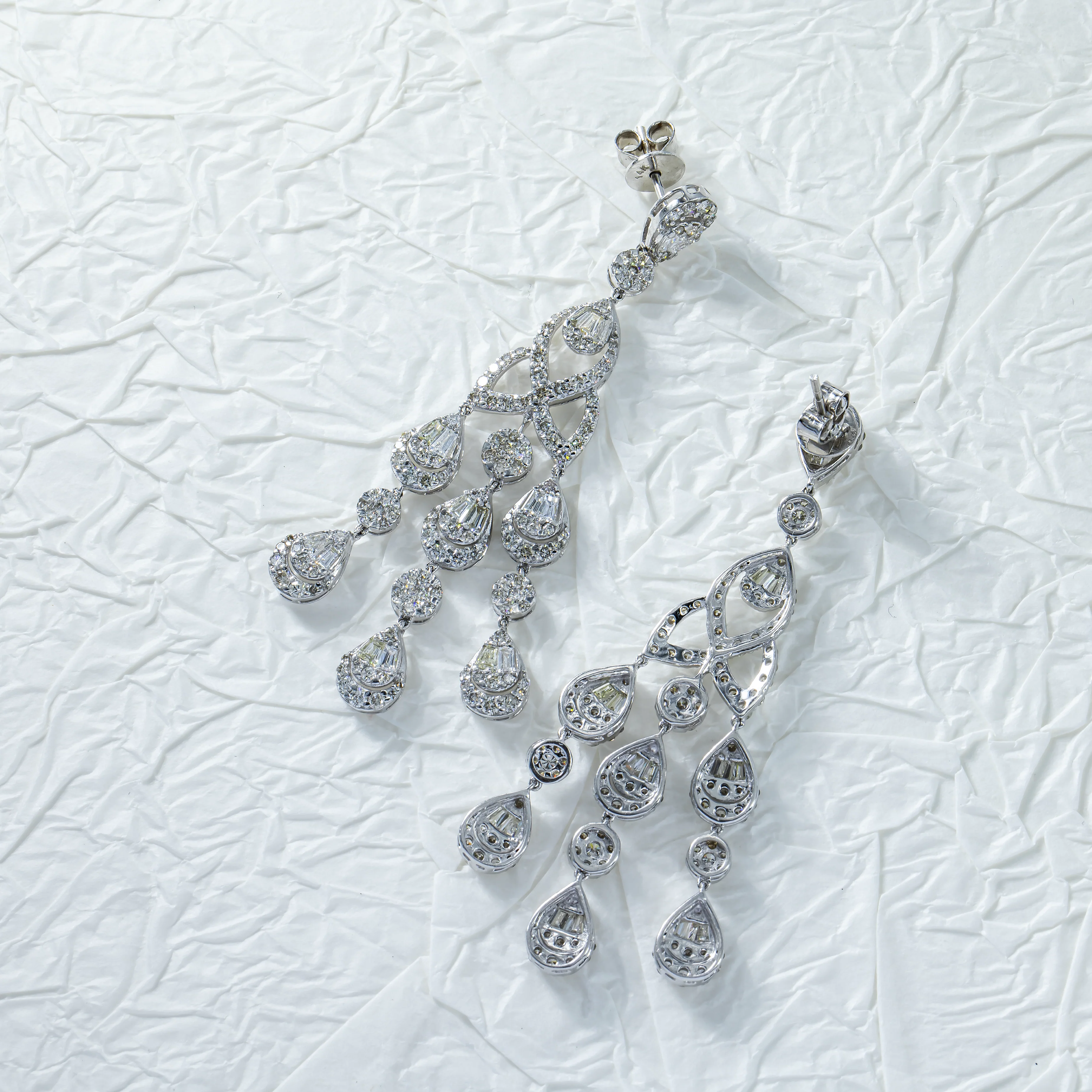 14K White Gold Antique Style Diamond Chandelier Earrings 5.51ctw - Image 3
