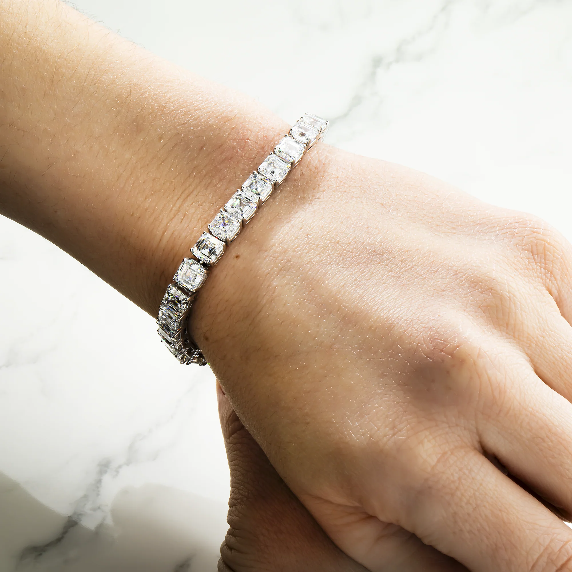 14K White Gold Asscher Cut Diamond Tennis Bracelet 32.90ct - Image 2