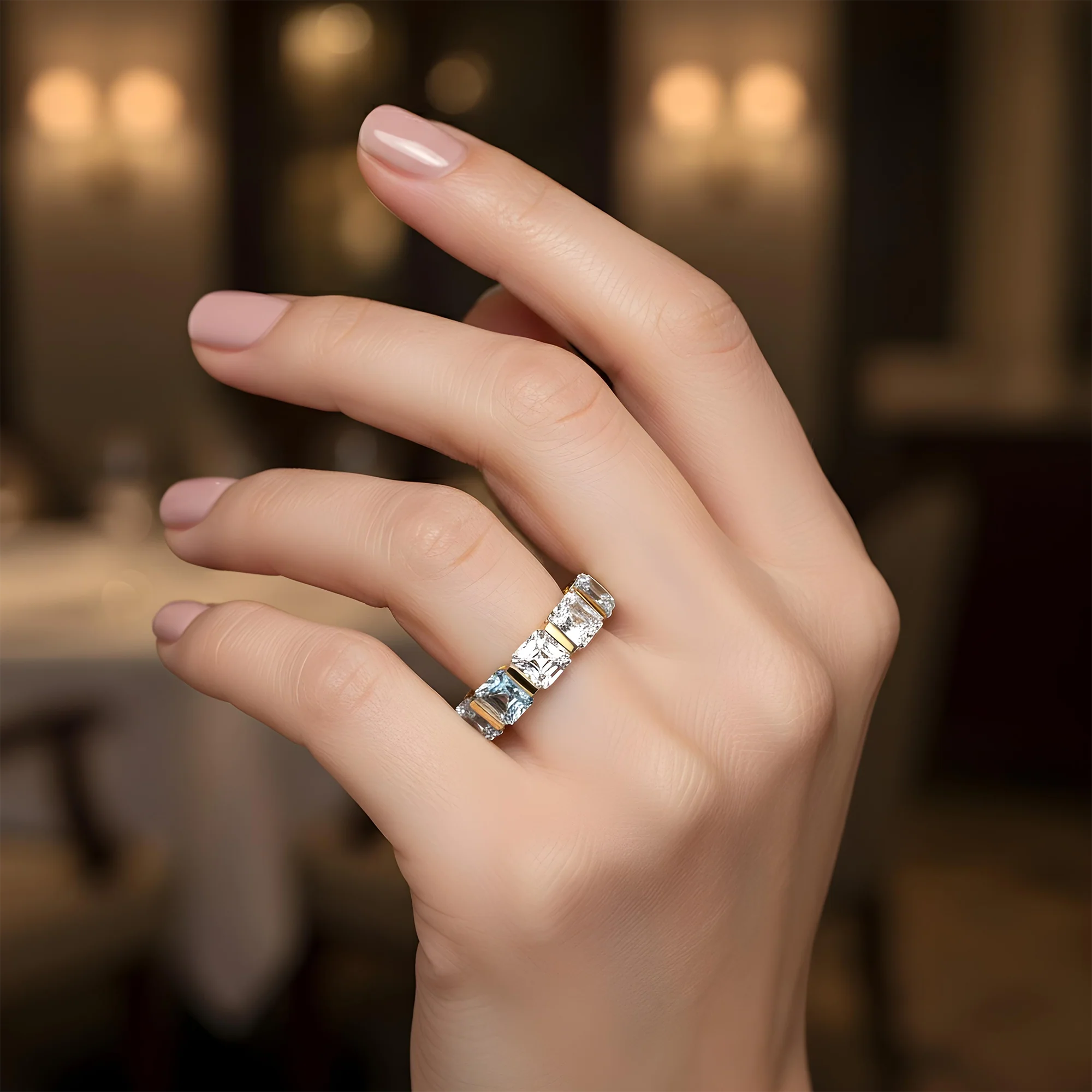 14K White Gold Asscher Cut Fancy Blue & White Diamond Eternity Ring 12.38ct (Size 6) - Image 6