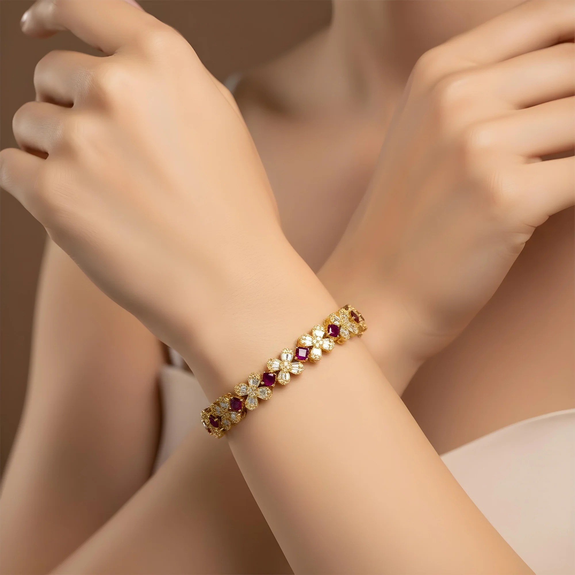 14K White Gold Asscher Cut Ruby & Diamond Bracelet - Image 4
